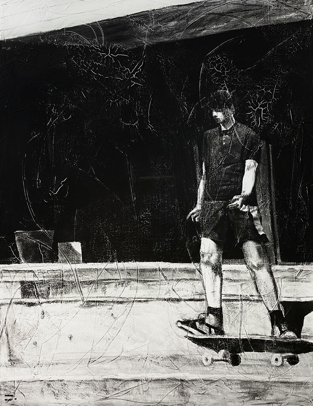 Sk8er Boi, 2021, charcoal, industrial paint on abandoned canvas, 145.5*112.1(cm)