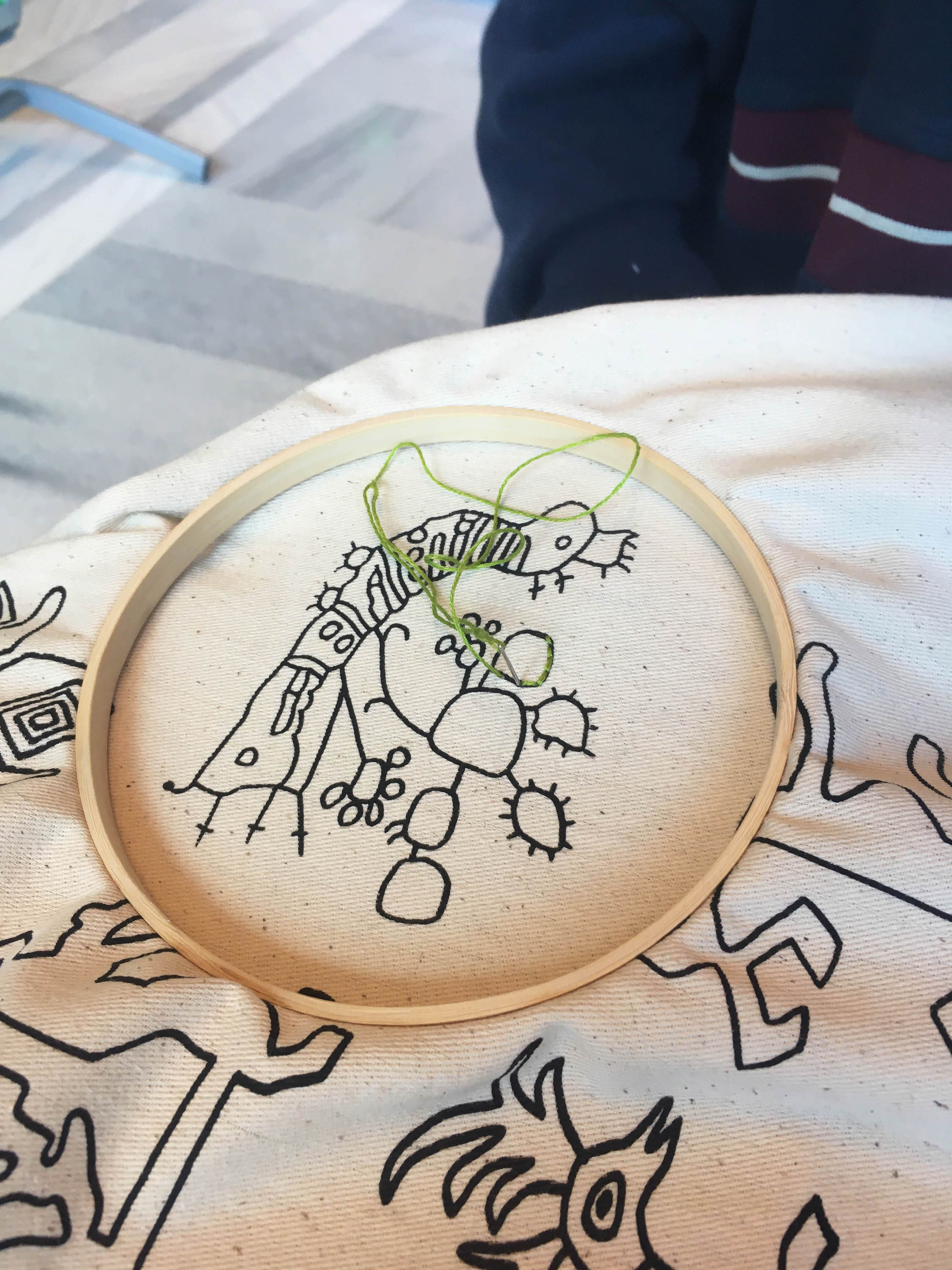 Embroidery in process.