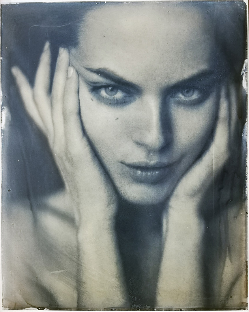 Yolanda, toned cyanotype printed on glass