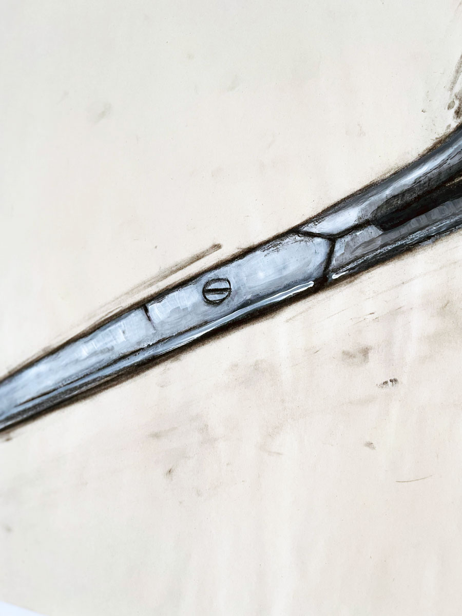 6/26 — SCISSORS.During her residency at the MQ21 in Vienna, Austria, as part of her Fulbright Independent Scholar appointment, Quinn began working on a companion drawing project to The Haircut while conducting new research on women's representation in media.  Charcoal, drawing pens and markers, oil pastel, paint, and pencil, the group of seventy-some drawings ranges in size from A5 to A2 on various papers; 2021-ongoing.