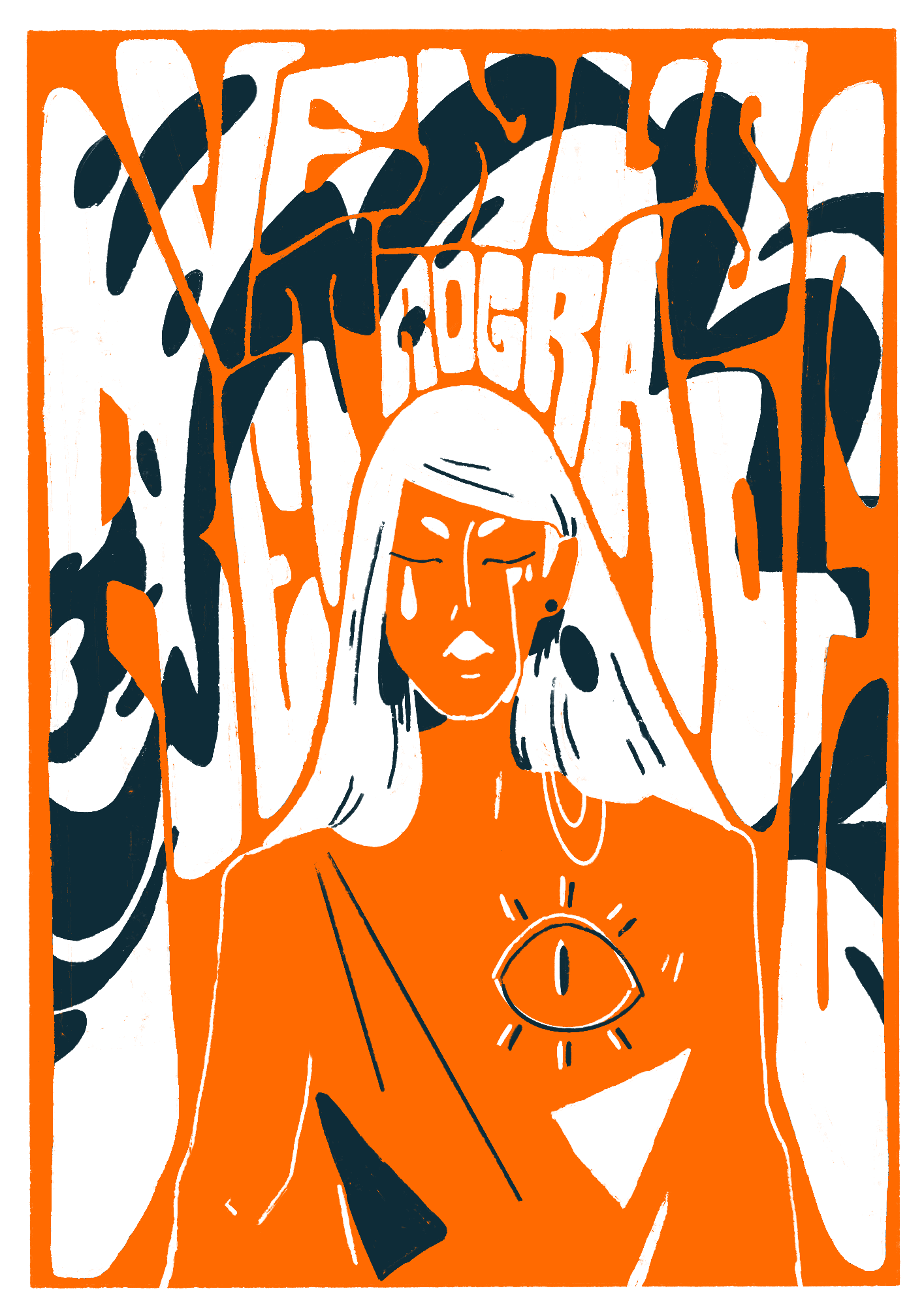 Venus retrograde in 70s type behind a woman who is shedding a tear. And eye overlays her chest.