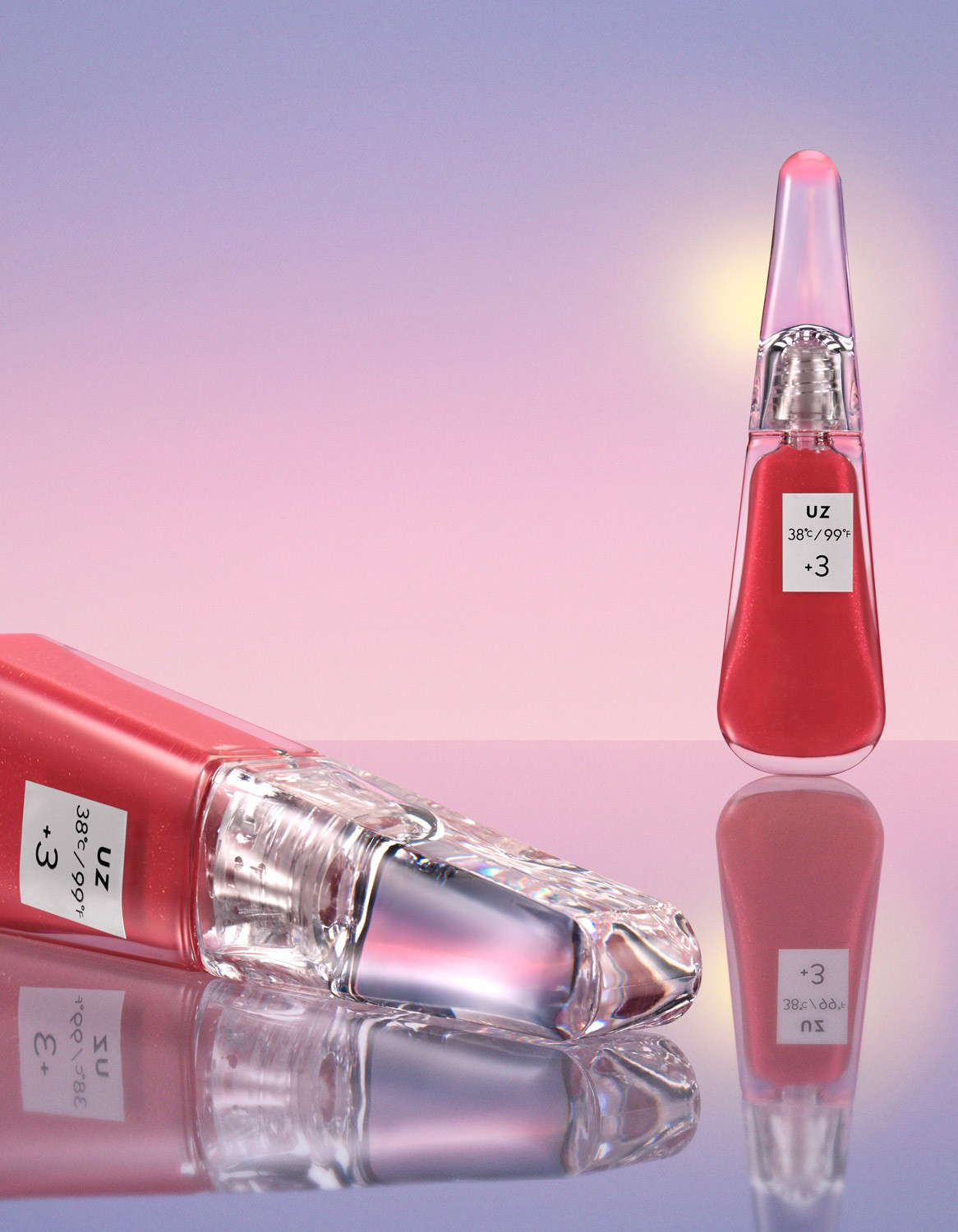 KMA stylist Rachel Haas designs set for photo of pink glittery lipgloss tubes against purple background for UZ 