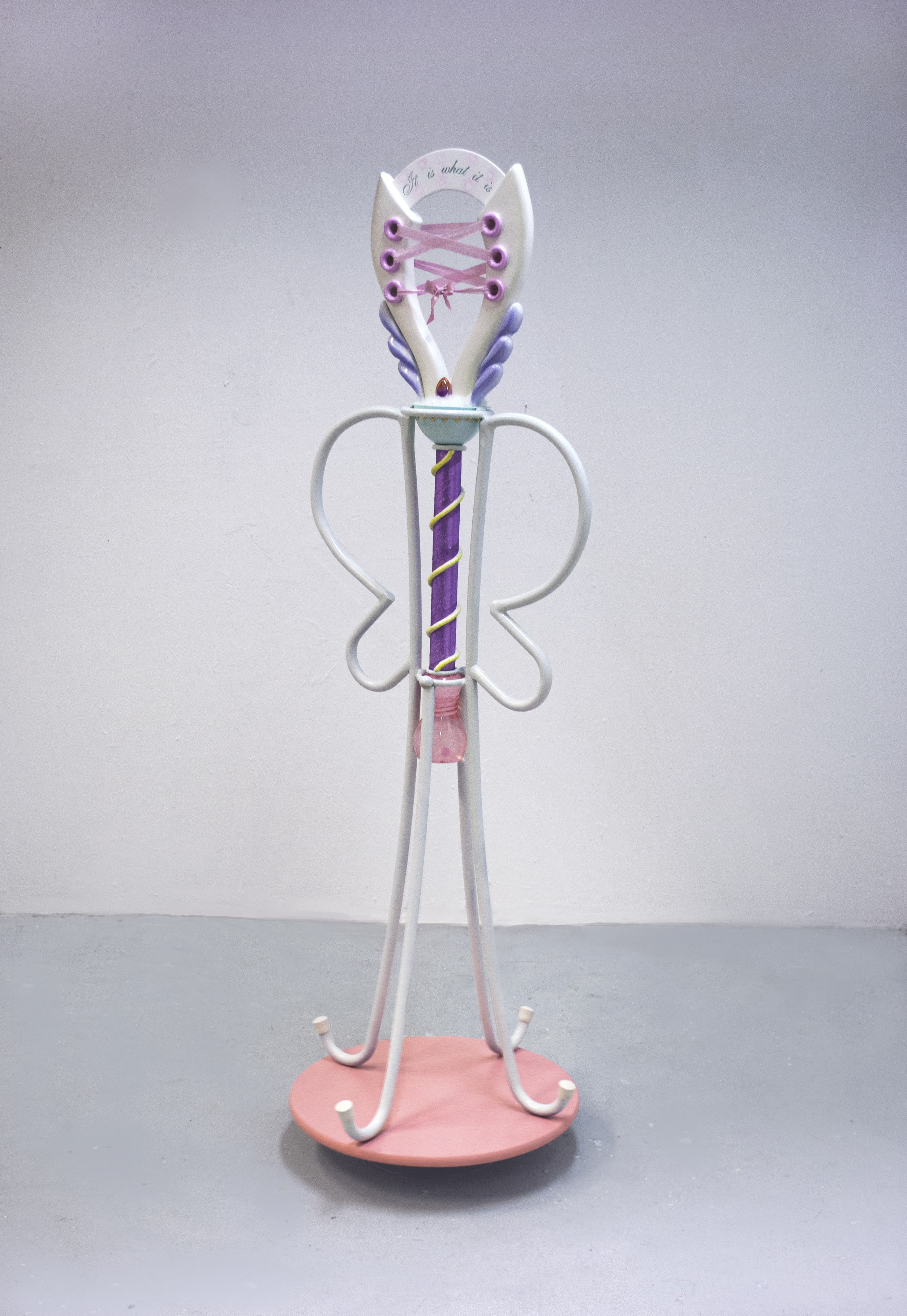 'self-sabotage’ (2022) found objects, plaster, metal, walking stick ferrules, elastic, water, rope, hope.