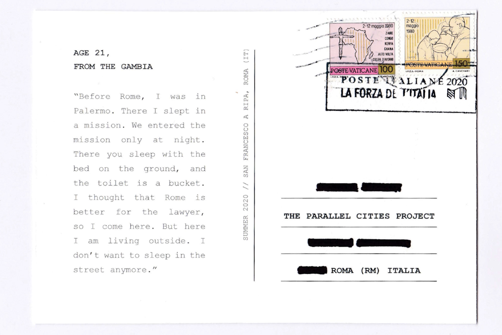 Postcard “Sleep in the street,” ed.3. Text by M.S. Age 21, from The Gambia (Mandinka). Workshop in Rome IT. Stamps 1980, Vatican (lira): designs depicting the Pope’s first visit to west Africa from May 2-12 in 1980, written in Italian. 