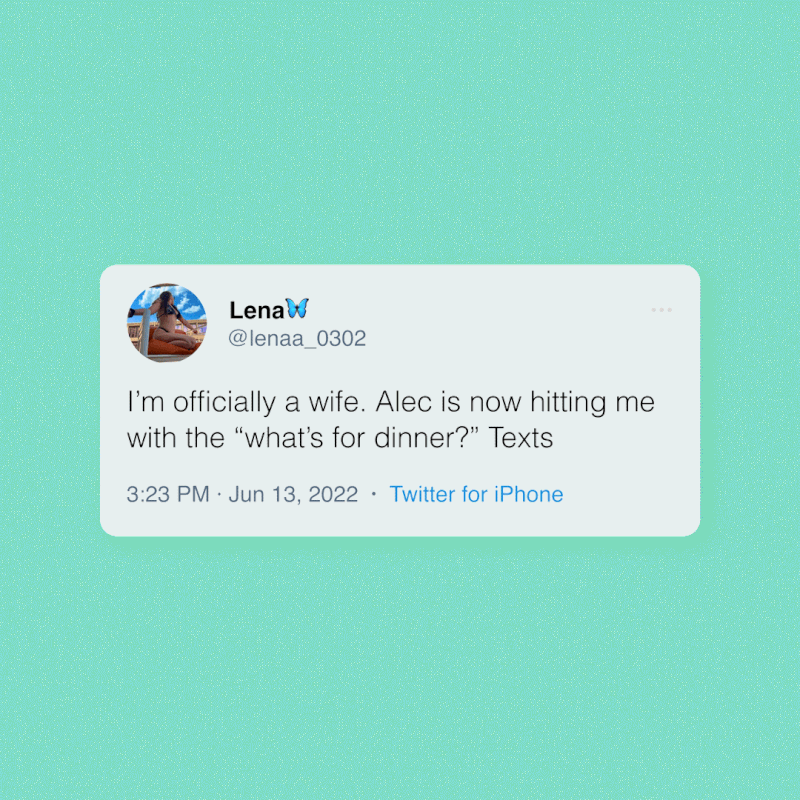 A tweet is surrounded by animated SMS text bubbles that read 'What's for dinner?'; teh tweet reads: I'm officially a wife. Alec is now hitting me with the "what's for dinner?" texts.