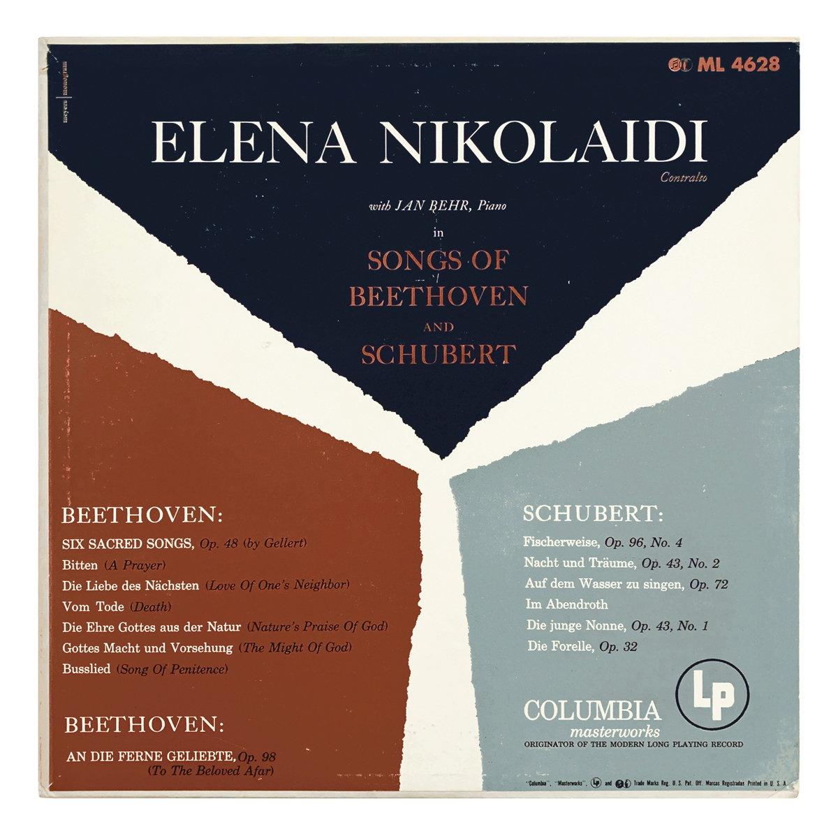 Columbia Masterworks ML 4628 Ludwig van Beethoven - Various | Franz Schubert - Various Elena Nikolaidi | Jan Behr Design: Herb Meyers | monogram (credited)