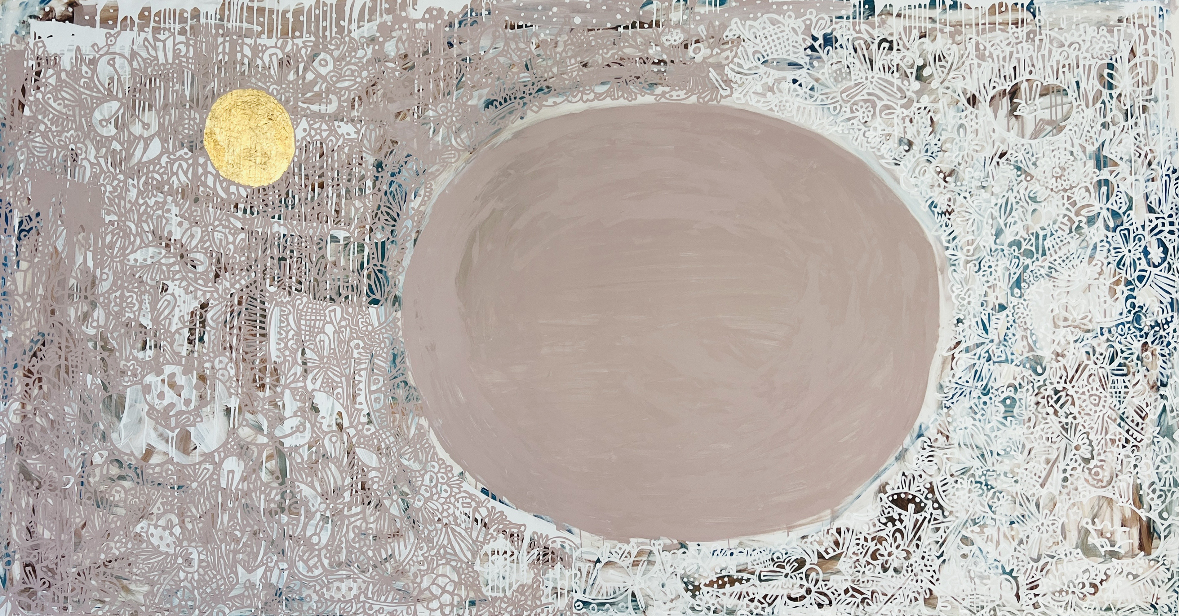 金色陽光下的許願池。Wishing pool under golden sunshine。Acrylic paint. Metallic foil. Canvas, Cm 152x292, 2023