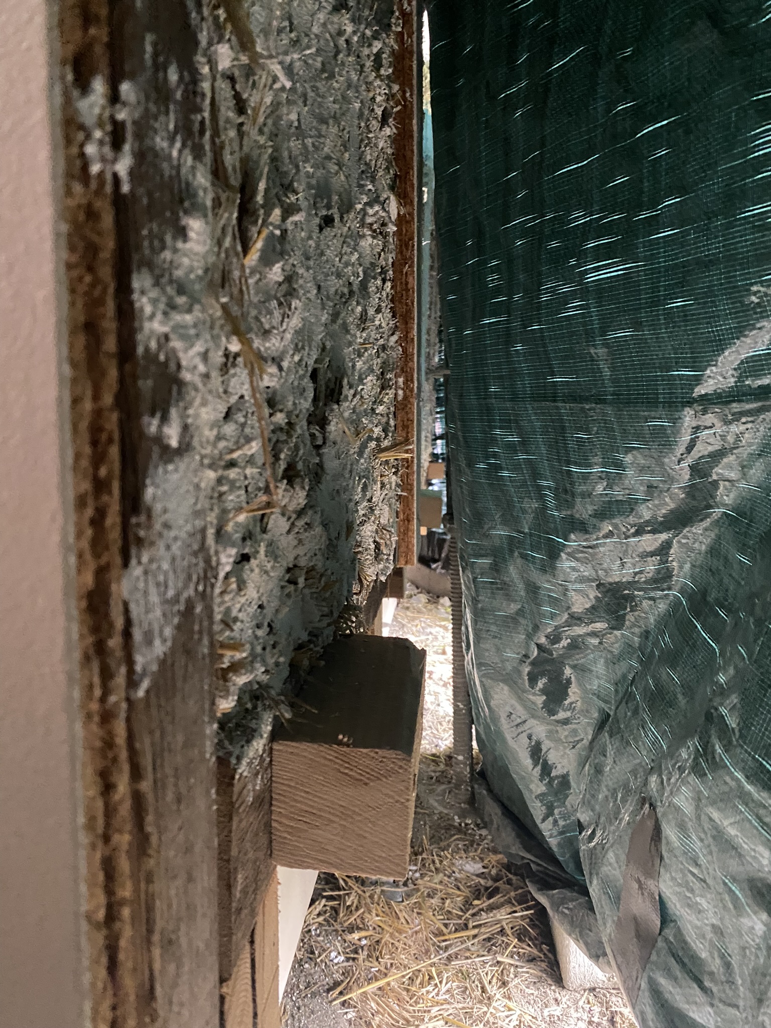 Même s'il a été partiellement enduit, le mur en paille doit être protégé pour l'hiver. Il sera terminé l'été prochain.