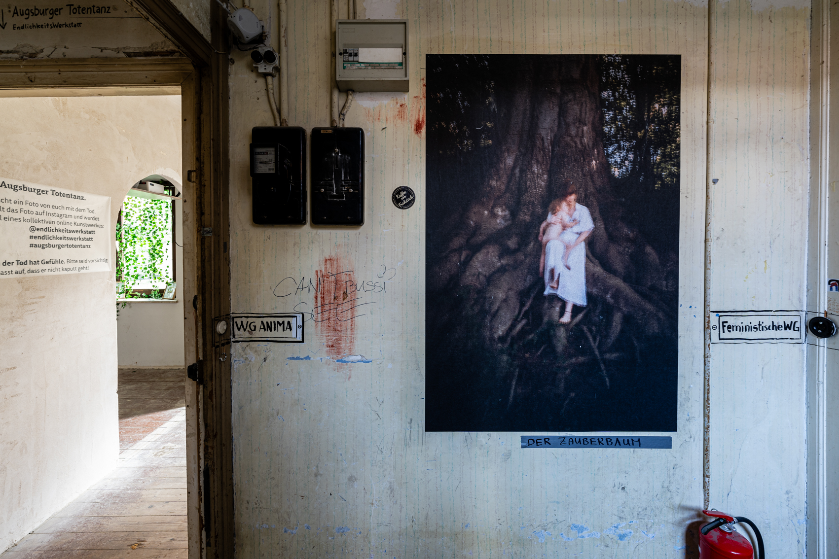 Bild 2 zu Der Zauberbaum: Gro&szlig;formatige Fotografie auf dem Gang zwischen den Eing&auml;ngen zu zwei Wohnungen. Die Fotografie zeigt etwas unscharf eine Mutter mit einem wei&szlig;en Kleid und einem Kind auf dem Arm vor einem gro&szlig;en Baum mit vielen Wurzeln.