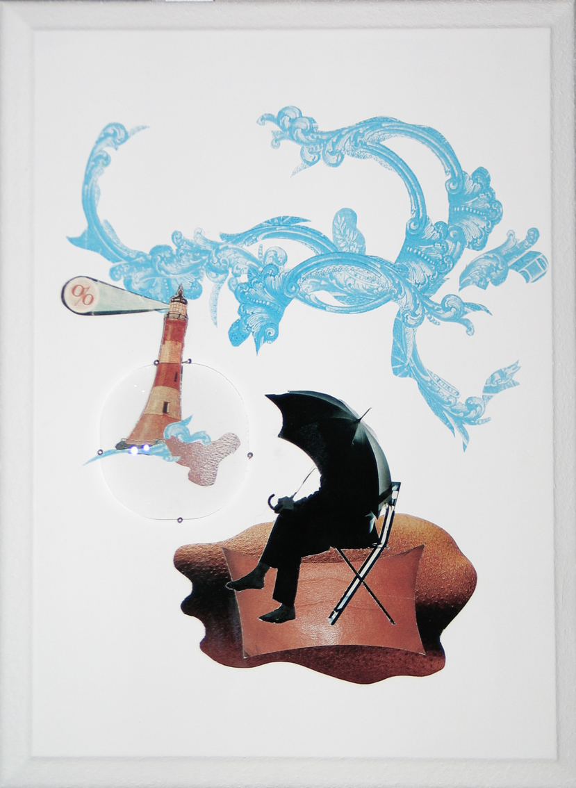 Les pieds sur terre, 2010. 27 x 21 cm. Dans la série des petits collages avec 1 verre de lunette, 1 fragment de corps et 1 de monnaie.