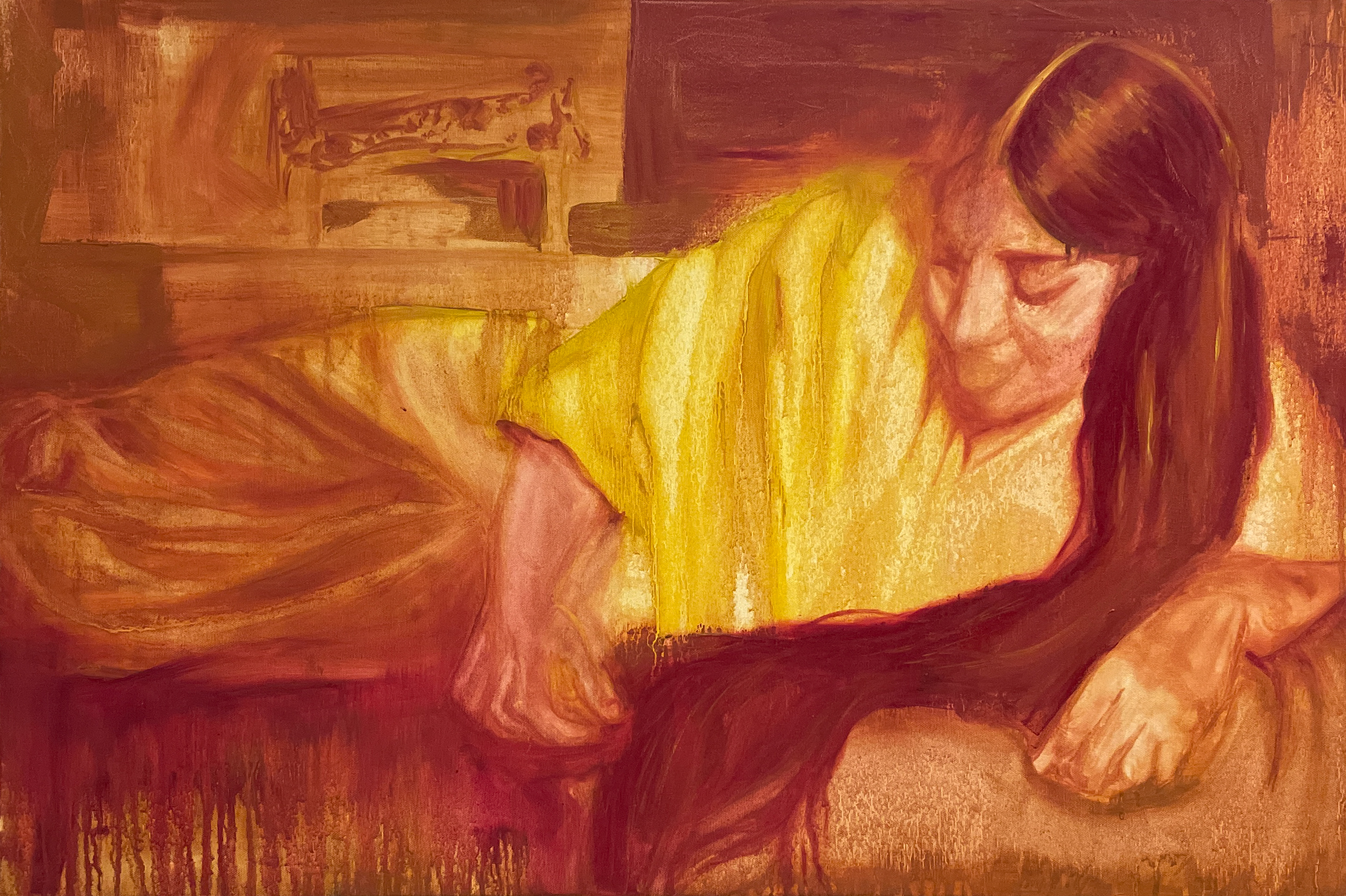 Yellow, orange and deep red painting of the same woman with long hair reclining on a bed, in the same scene as the painting above. Here she is still looking down, but smiling slightly, and light from a window nearby illuminates her face.
