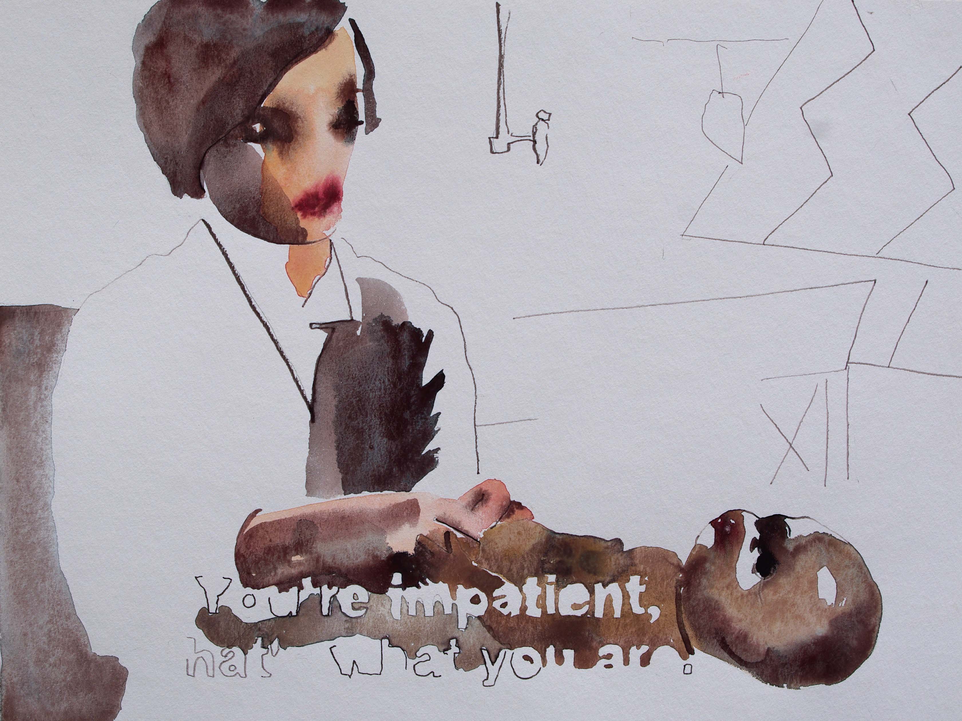 sub -2, stylo noir et aquarelle, , 30x40 cm, 2014