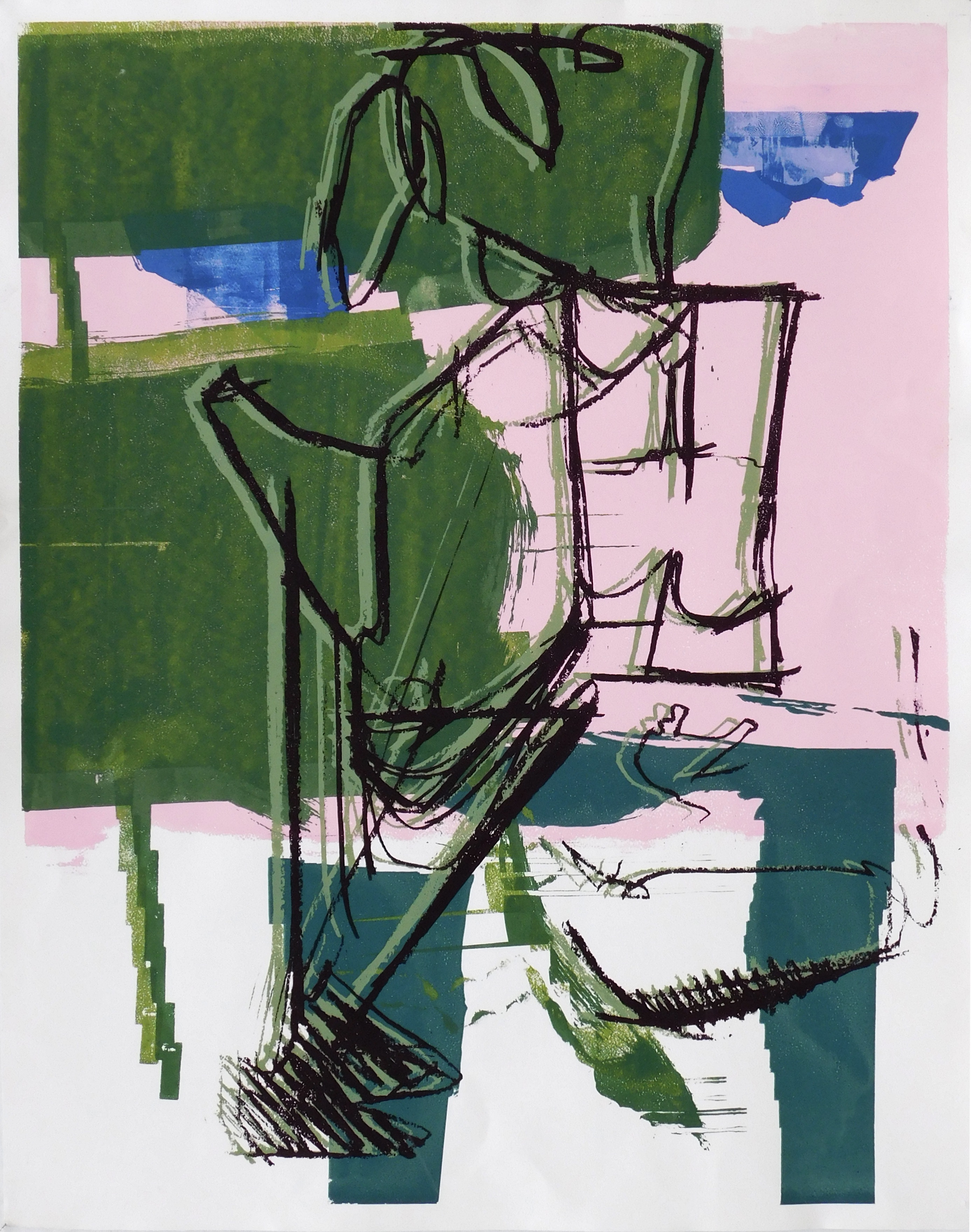 untitled (one of narcissus' shadows (pink and green)). screenprint and acrylic 32"x40"