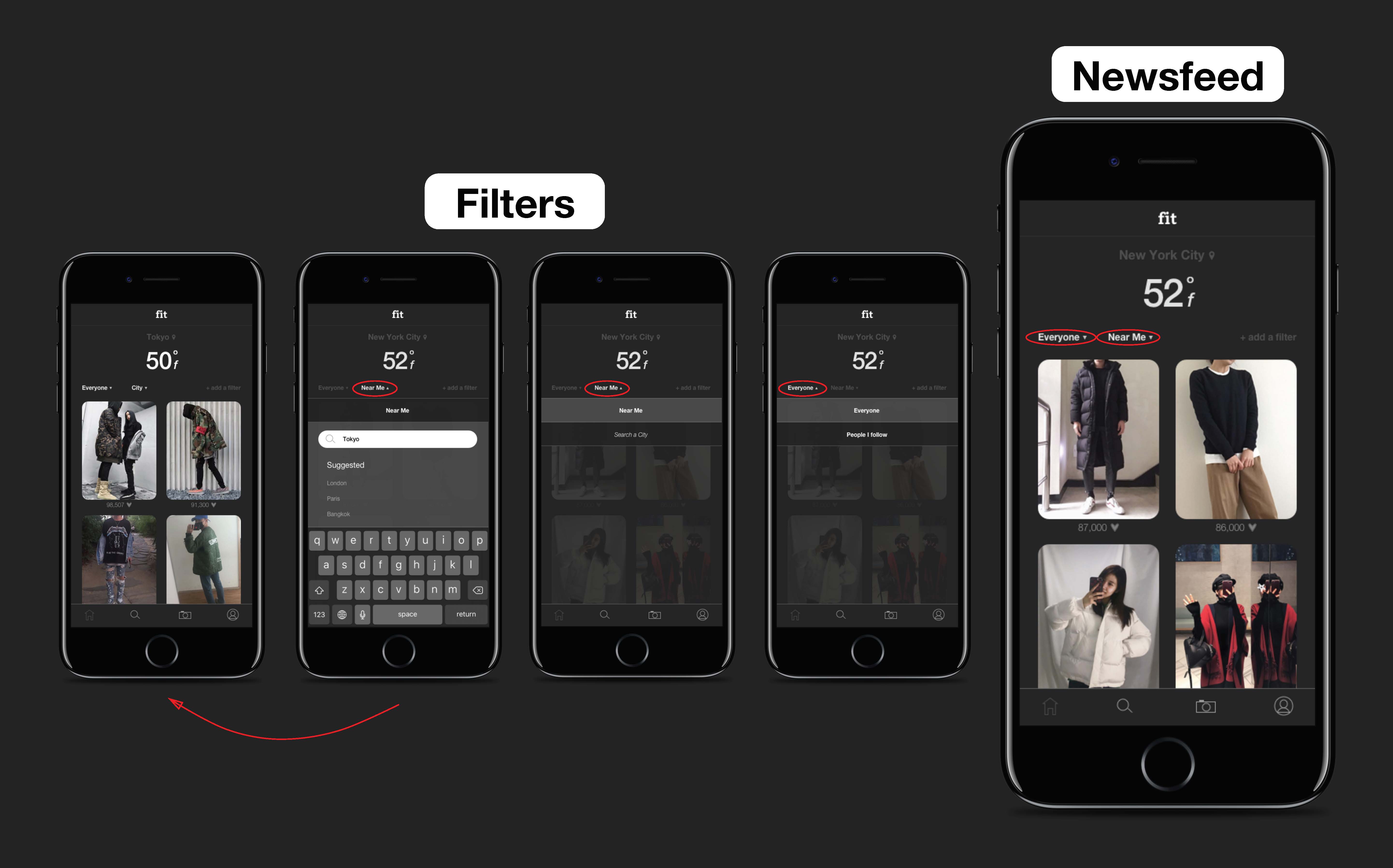 Filters allow you to view posts from different locations/weather conditions and sort results by everyone/people you follow