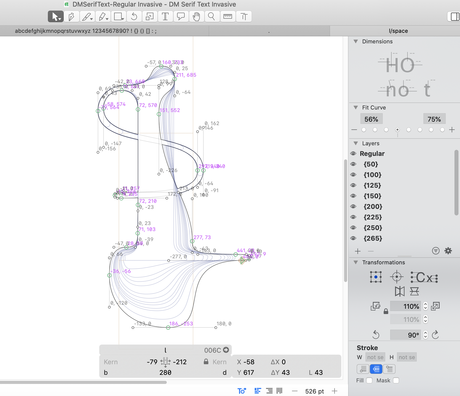 Various intermediary steps were used to fake non linear interpolation along the growth matrix of the typeface.