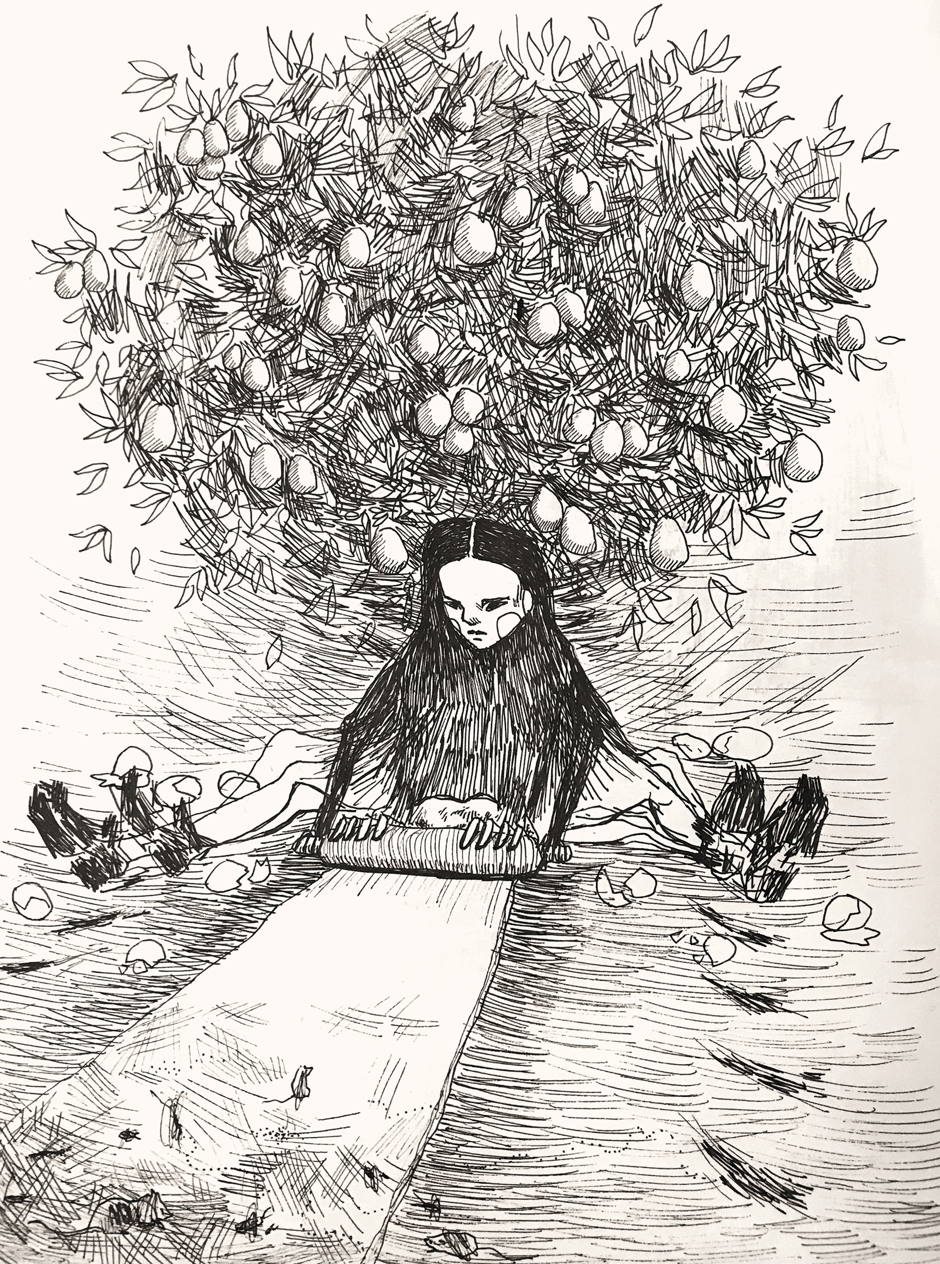Arachne Under the Egg Tree, 2019. Pen on paper, 9.75"7.75".