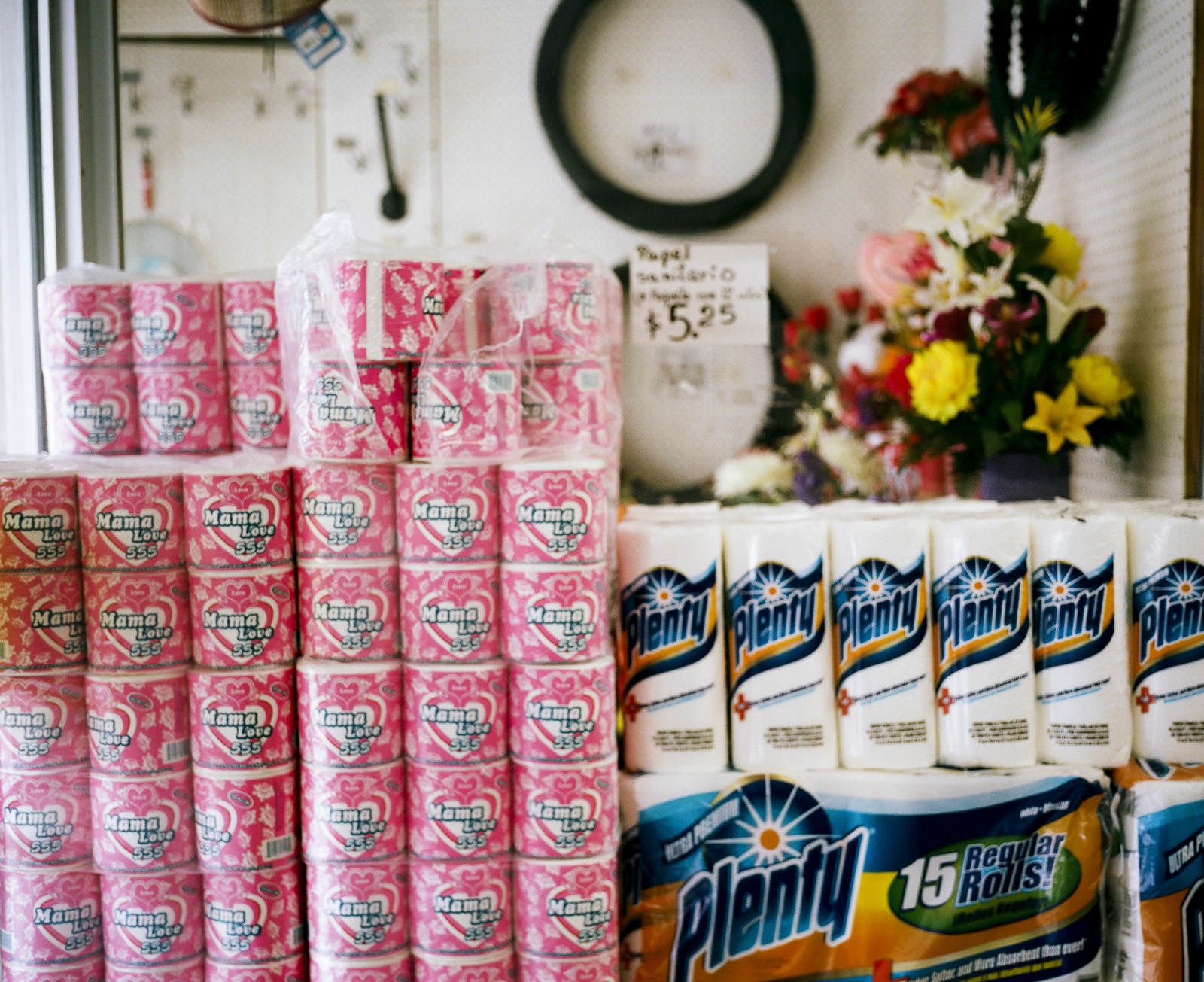 Stacks of paper goods at the dollar store on South Main Street.