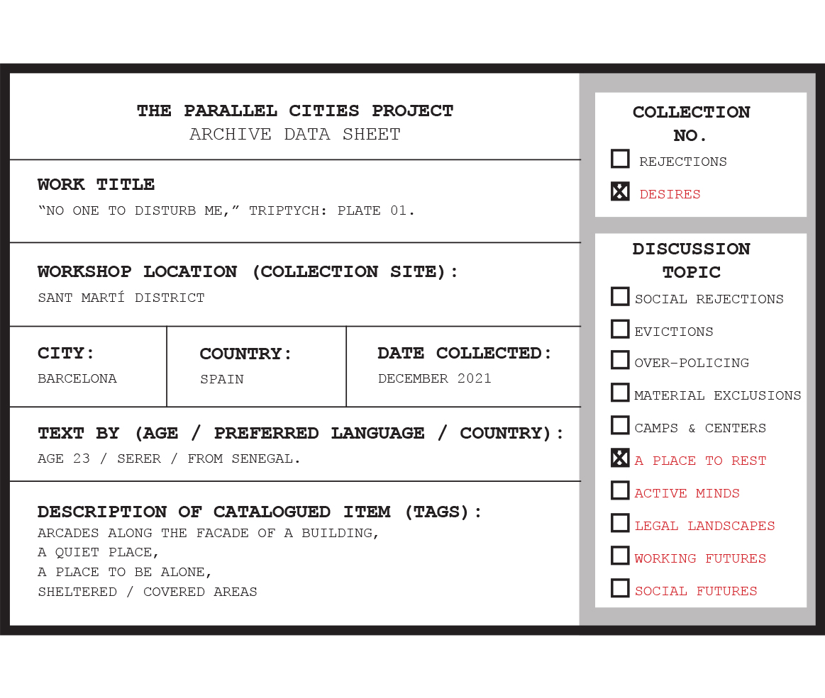 Archival tag for triptych, plate 01, COLLECTION 02: Desires // Chapter 02.2 "A Place to Rest.” Workshop in Vila Olímpica, Barcelona ES. 