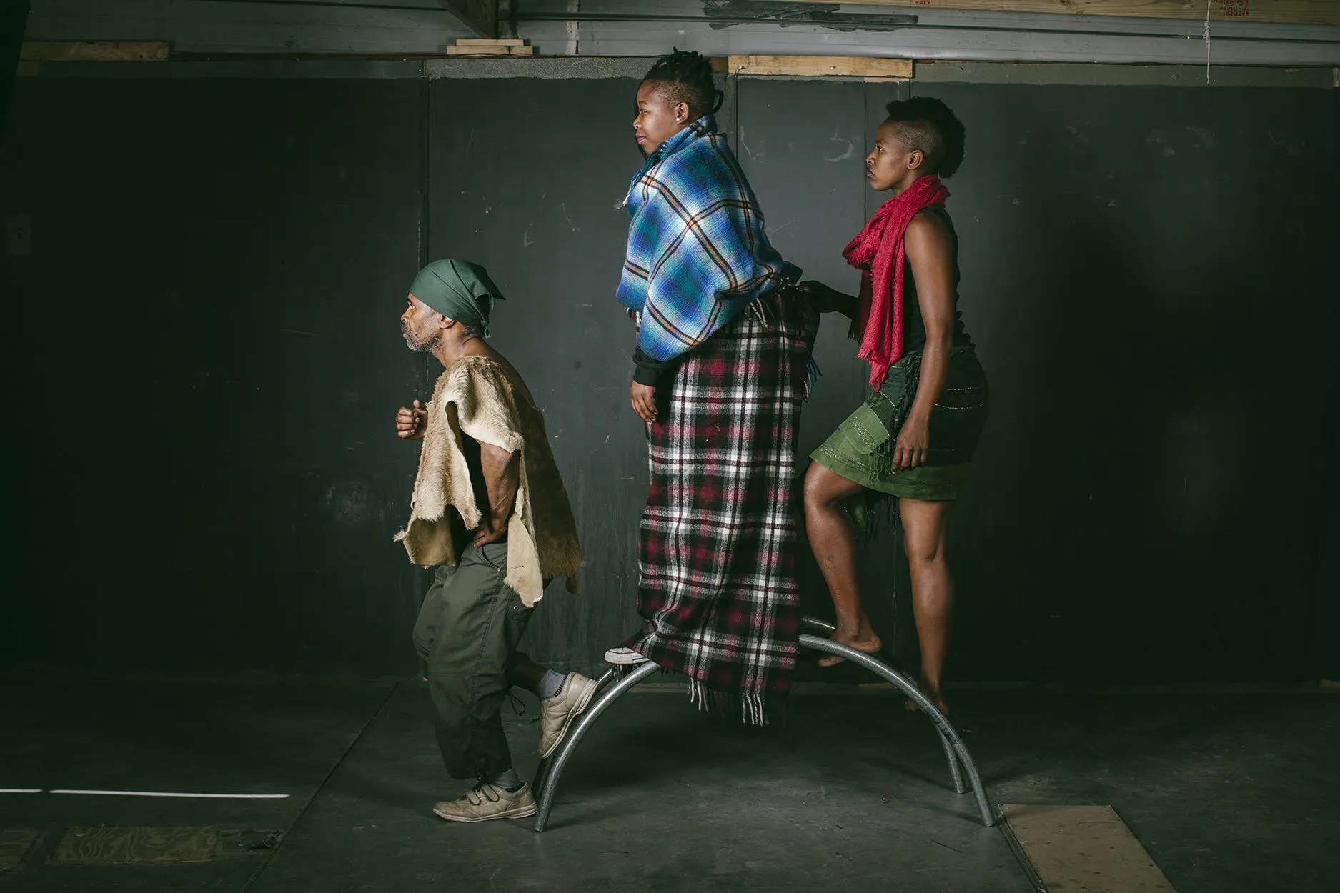 Metal ladder used as props inspired by the adaptive reuse of materials in informal settlements