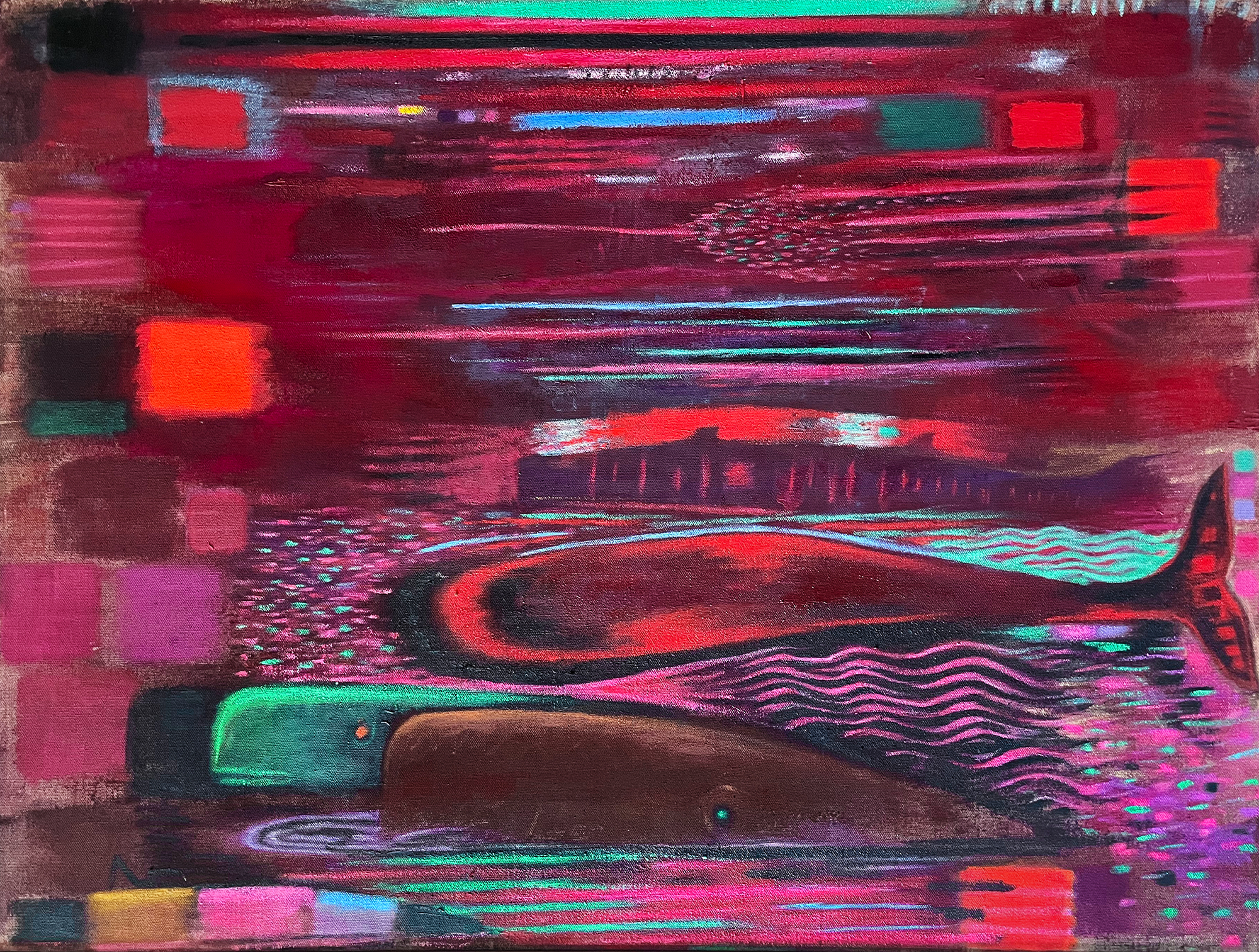 Whales at Night, 48" x 36" oil and distemper on linen, 2023