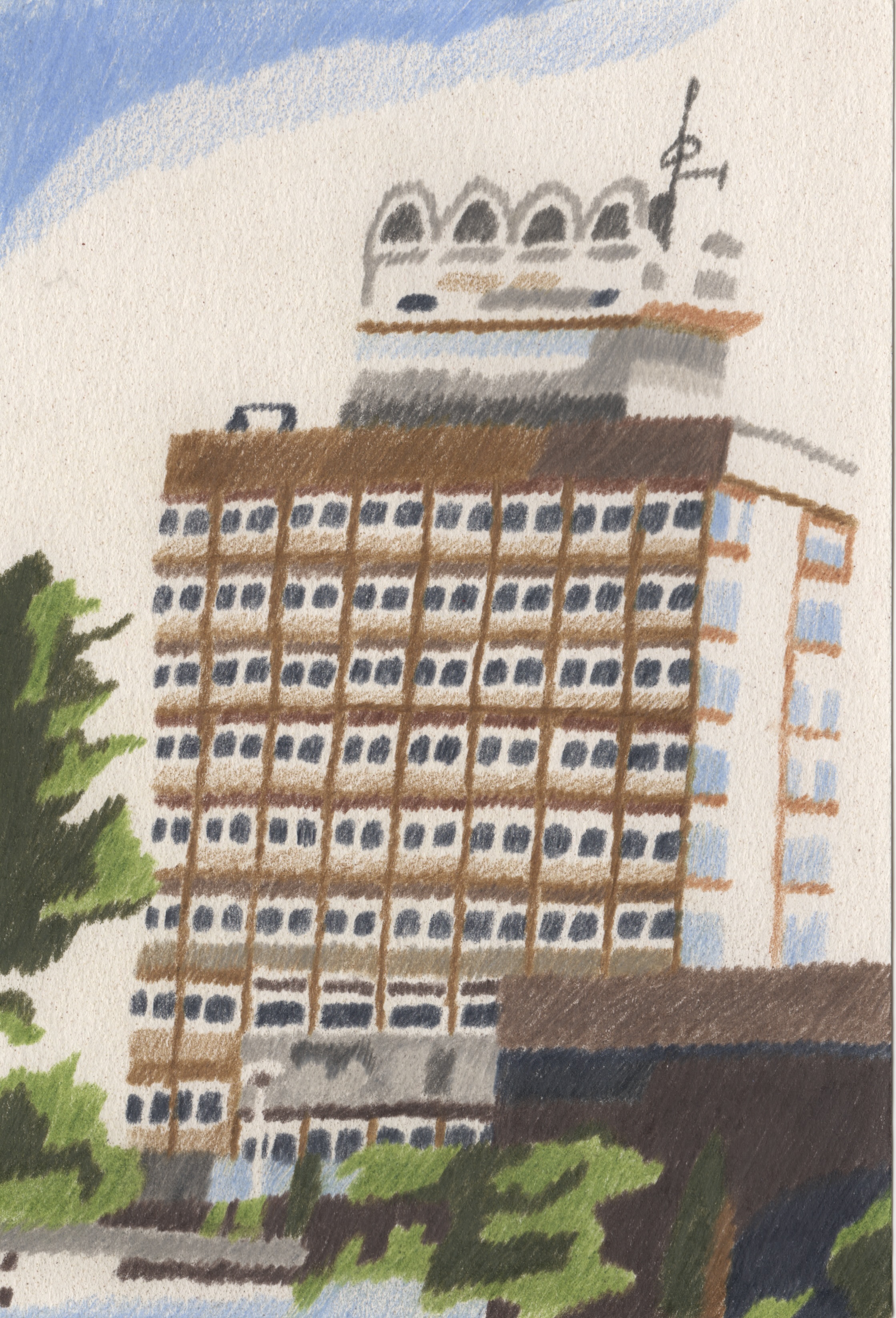 Drawings of buildings in Harlow New Town that no longer exist, exhibited at the Gibberd Garden