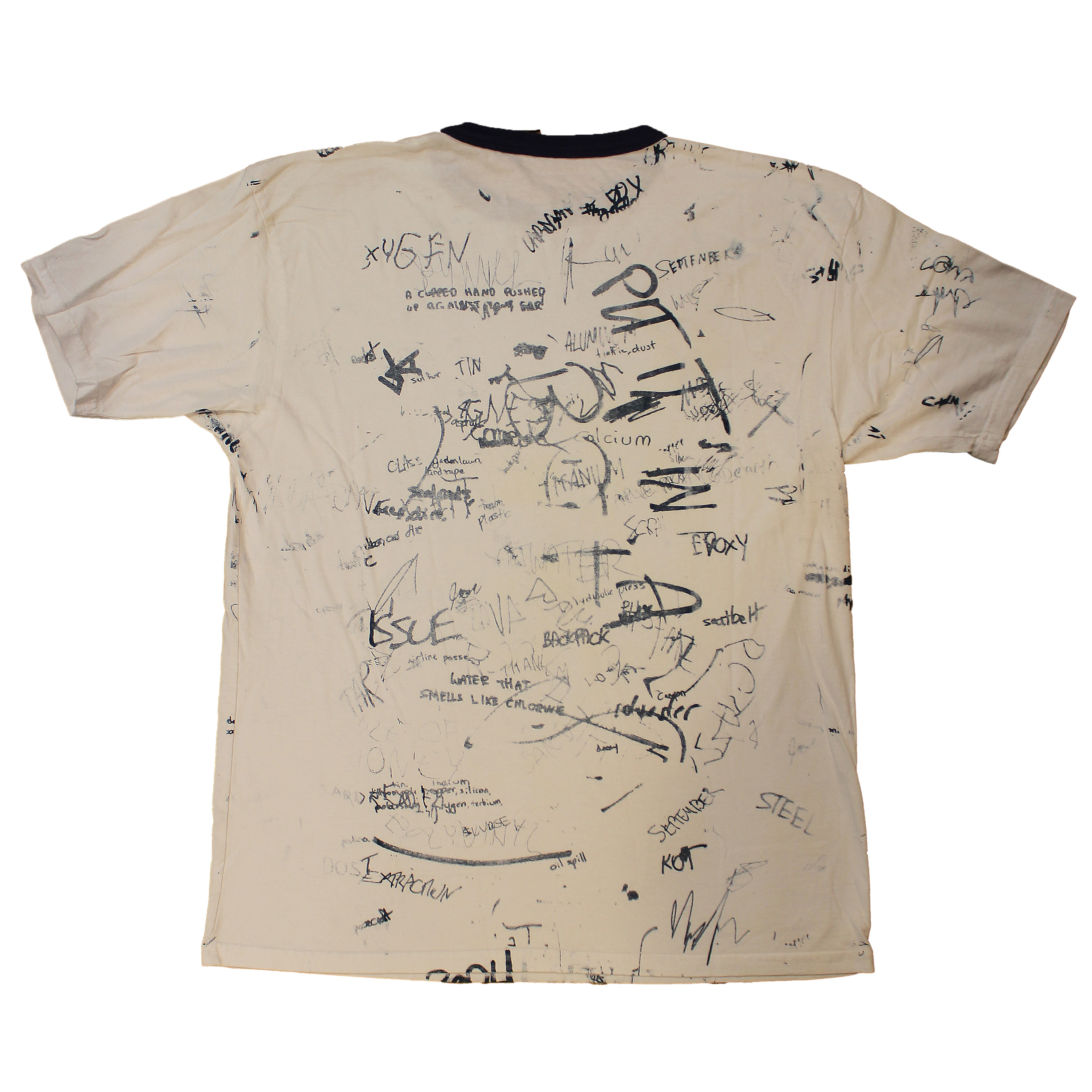 reclaimed vintage deadstock 70s ringer tee allover printed with scribble text. 