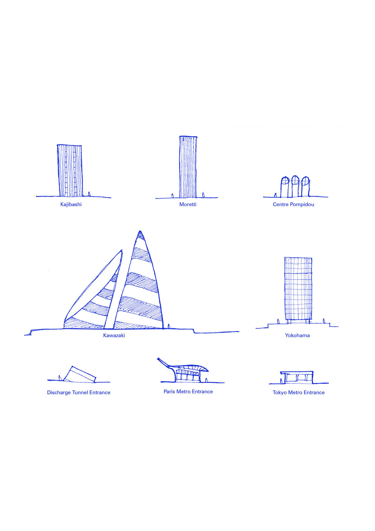 A collection of drawings illustrating ventilation towers and metro stations entrances in Paris and Tokyo. Drawing by Santiago Ardila.