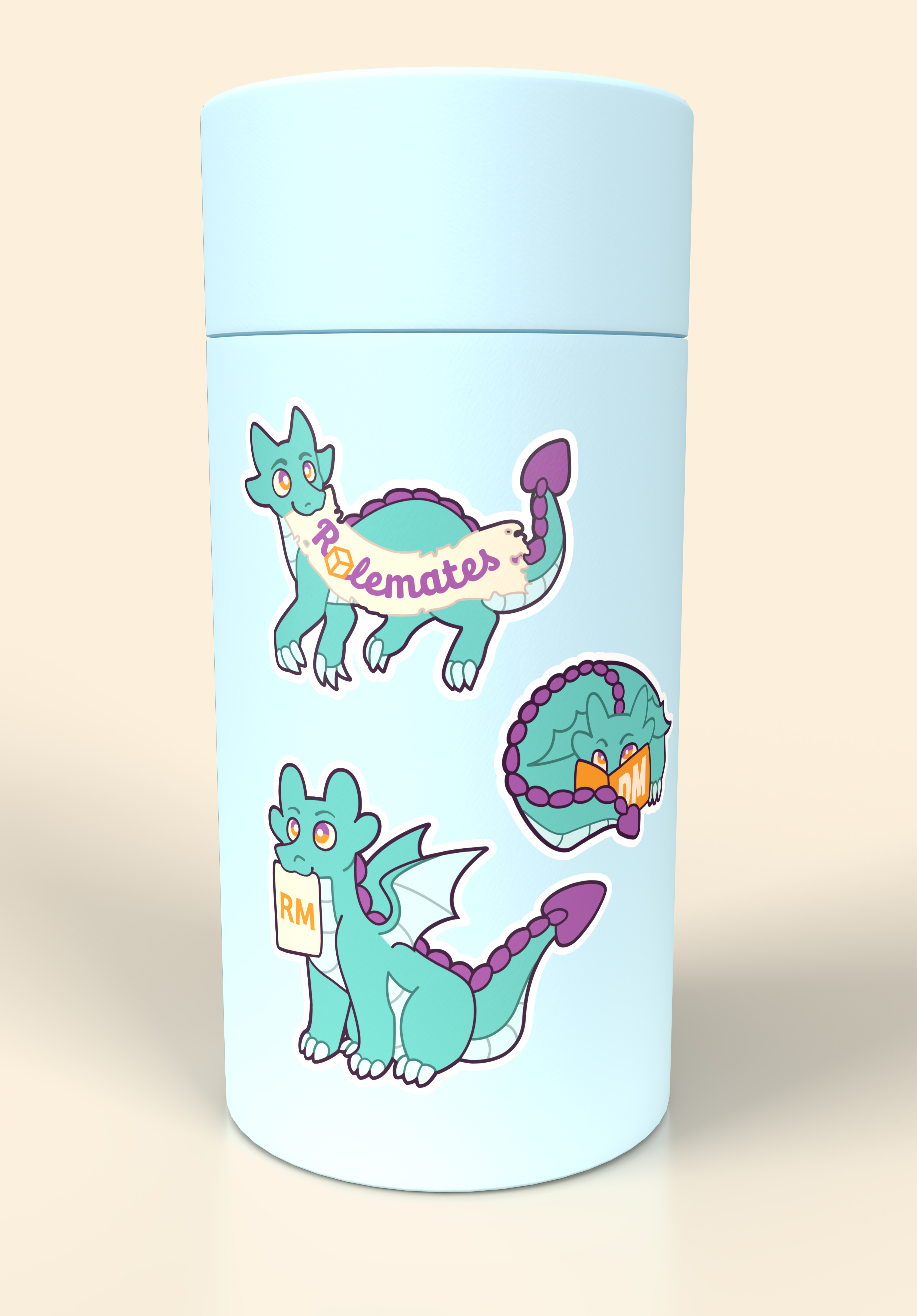 A container with three blue dragon stickers on it.