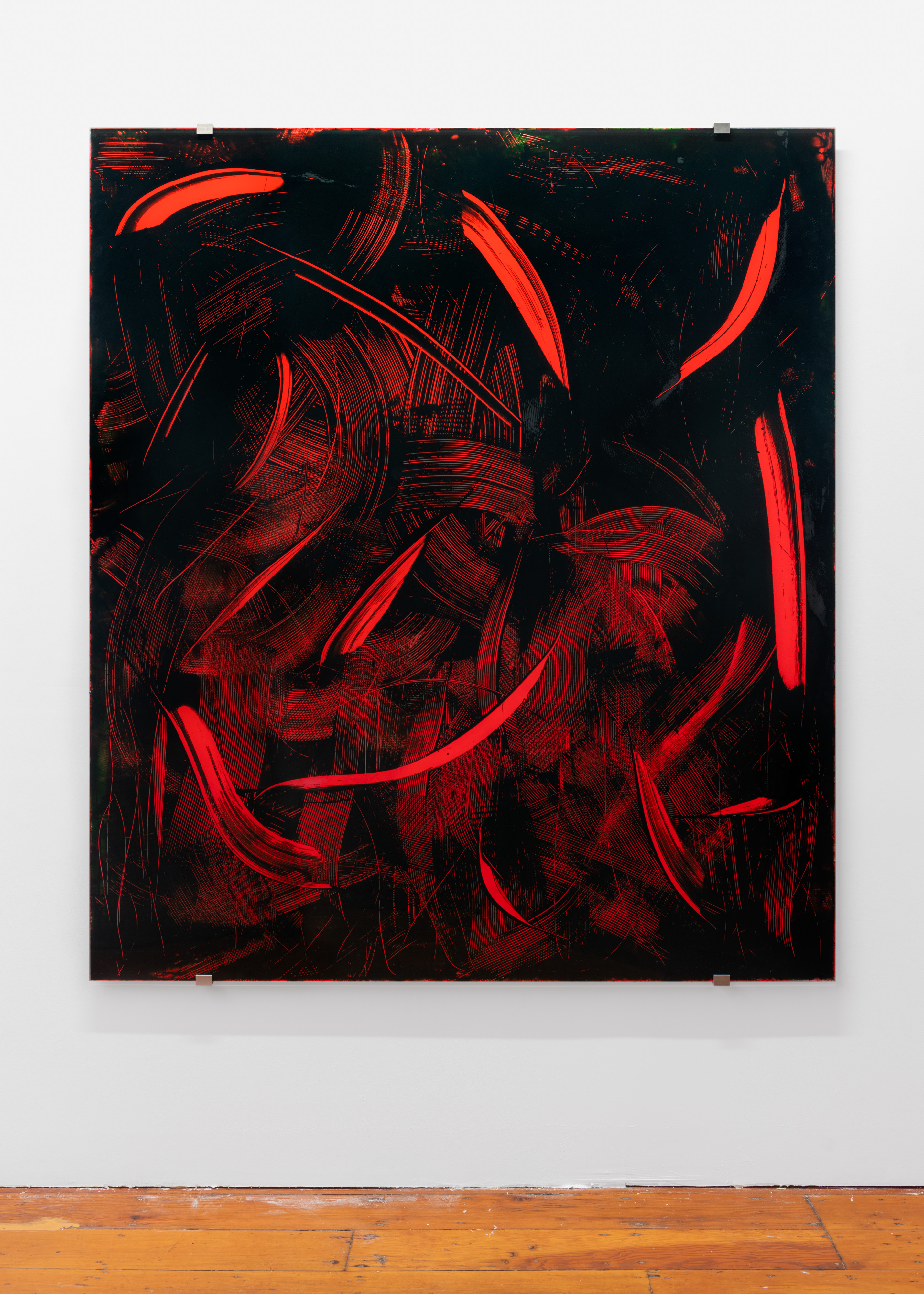 I hear the ancient music of words upon words, 2024, acrylic paint on glass, bronze, cinnabar vermillion 160 x 140 cm