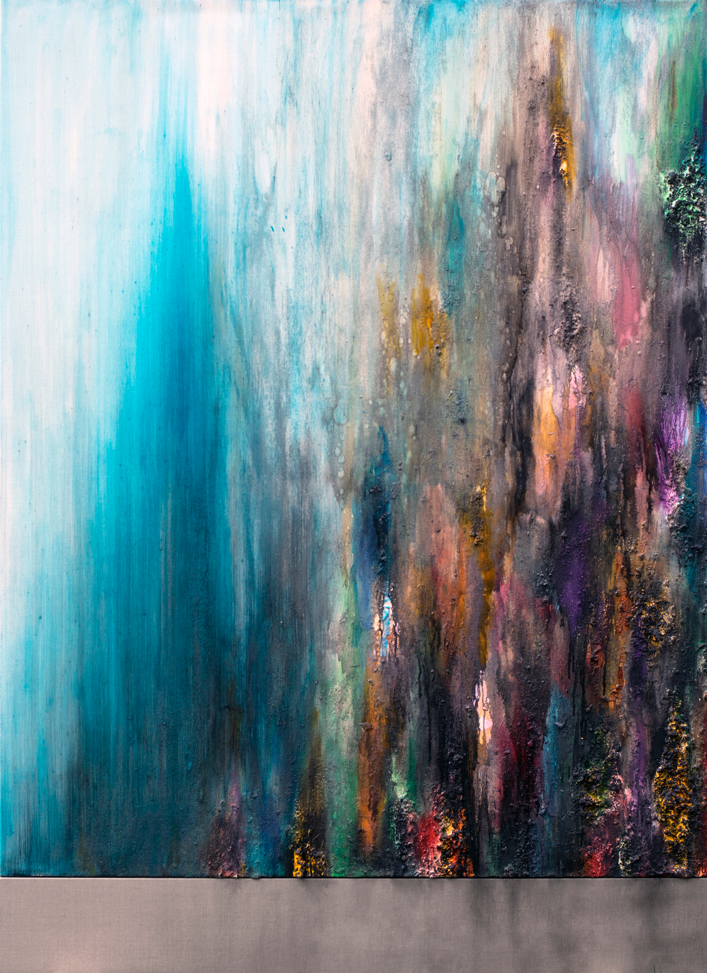 Days dripped down III, oil, acrylic and sawdust  on linen, two parts in wood frame, 200x145 cm, 2019-2022