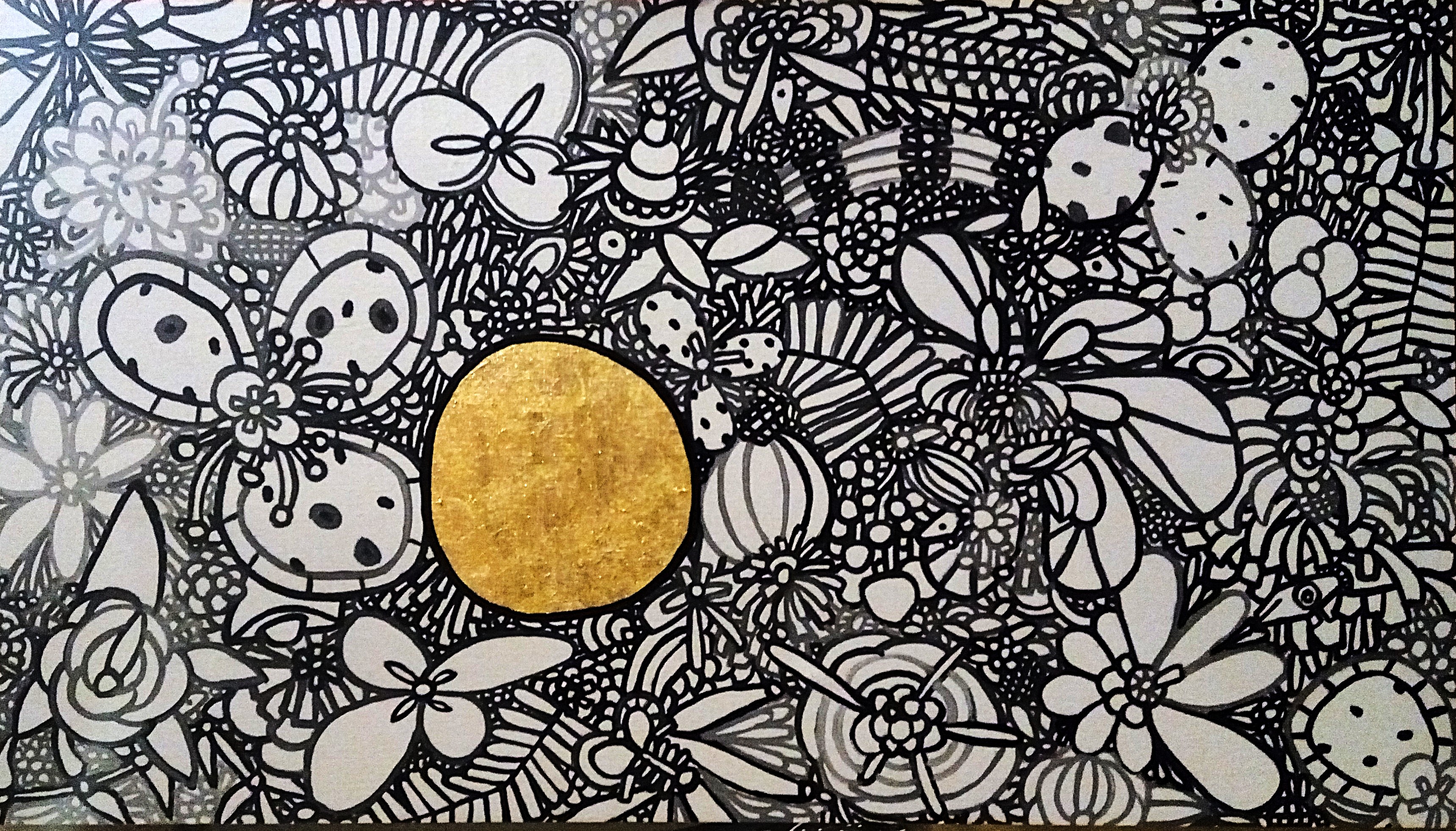 花園裡的太陽。Sun in the garden。Acrylic, gold foil, mixed media, Cm 75 x 132 , 2017