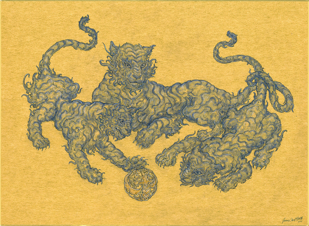 "three tigers 三隻老虎“ 18 x 21 cm, mixed media on Japanese drawing board, 2022. (Commission)