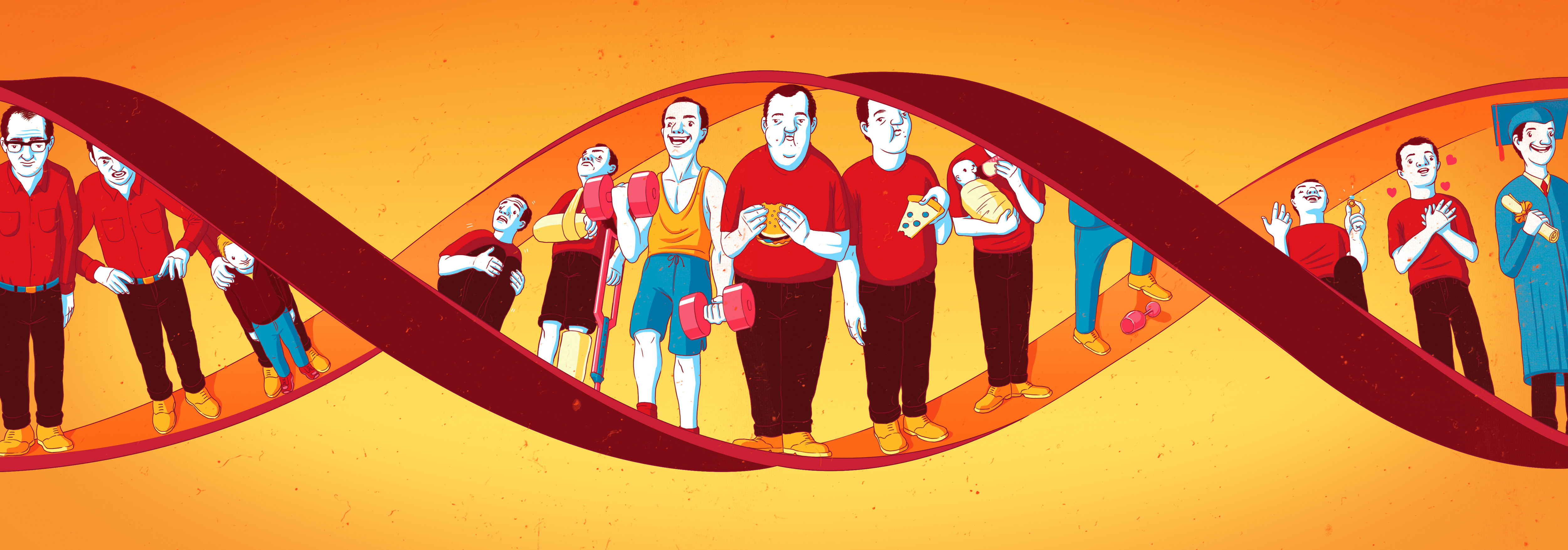 Illustration for an article analysing the effects of the experiences we have during our lifetime on our genes. Calcalist. December 11th, 2014.