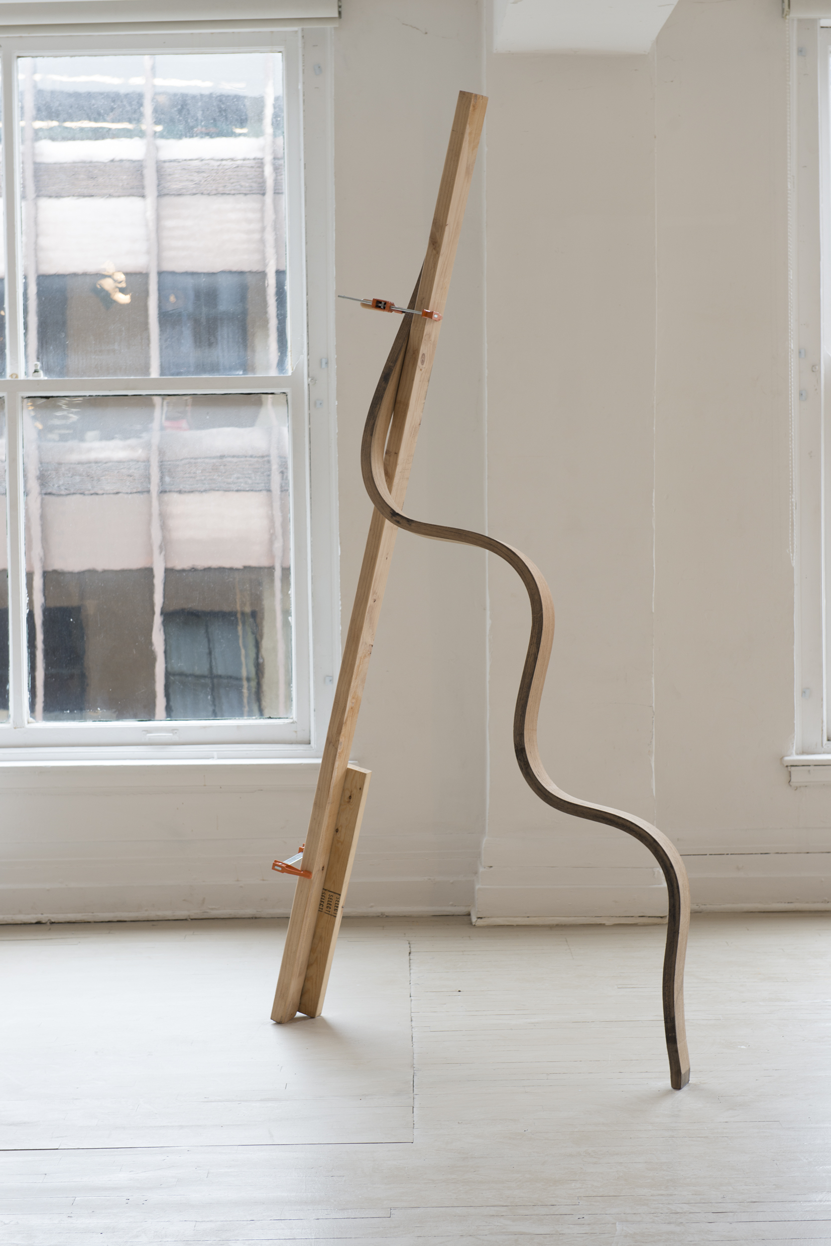 Spatial Drawing VII, 78” h x 48” w x 24”d, hand-bent hardwood, lumber, clamps.