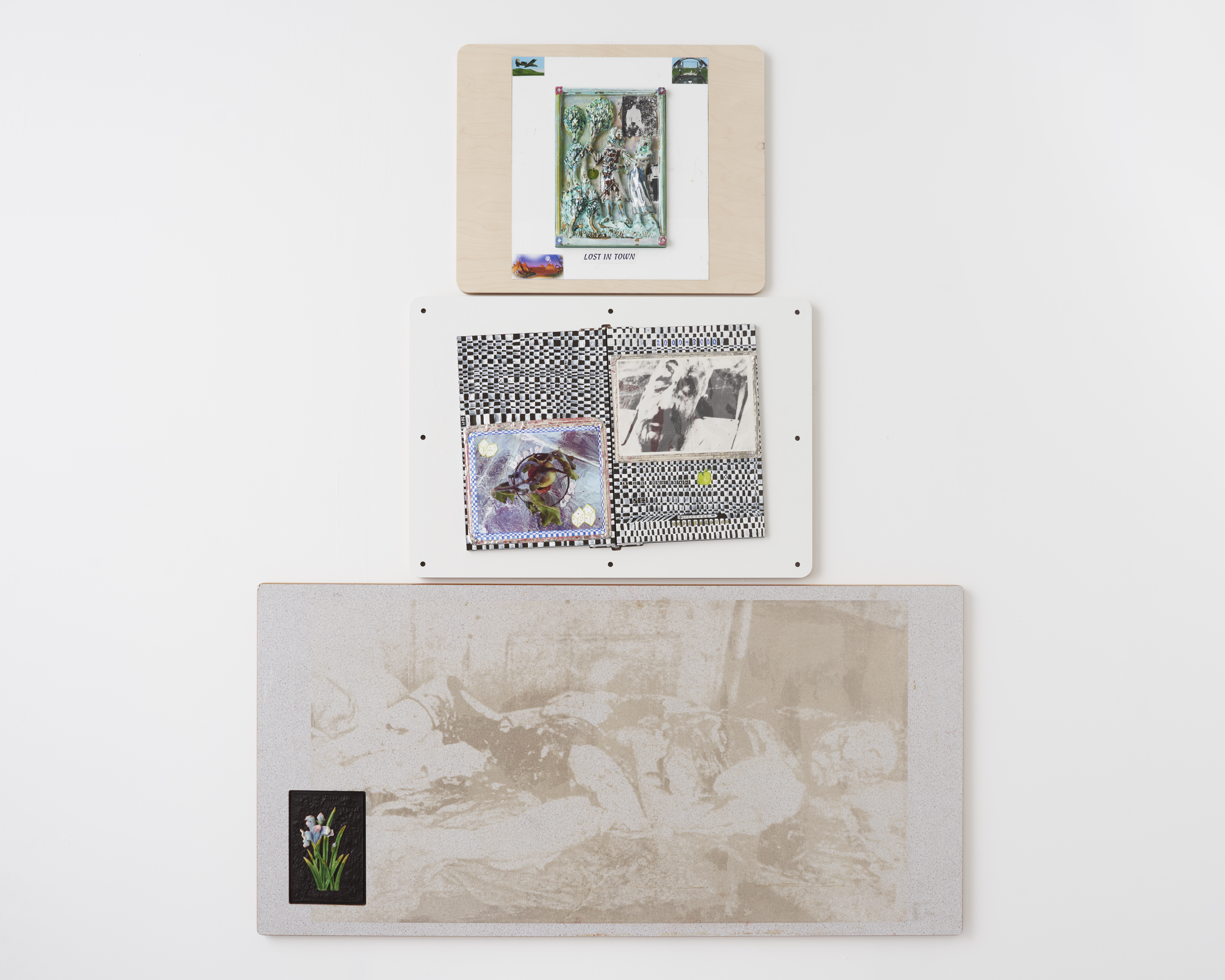 Knight’s ascension, 2023 [Comprised of the following 3 separate works] - Individually listed from bottom to top: collectively 140x110x2cm: Adam, 2023, laser etching on melamine desk W/ acrylic & jesmonite inlay 39.5x48x2cm, Braincase portable console, 2019-22, acrylic and soldered photo-cut-outs on lockable aluminium case, in melamine artist’s frame 44x62x2cm, Knight space cowboy in town, 2022, acrylic on cast concrete W/ photo-cut-outs, ply, Polymethyl Methacrylate sheet 39.5x48x2cm