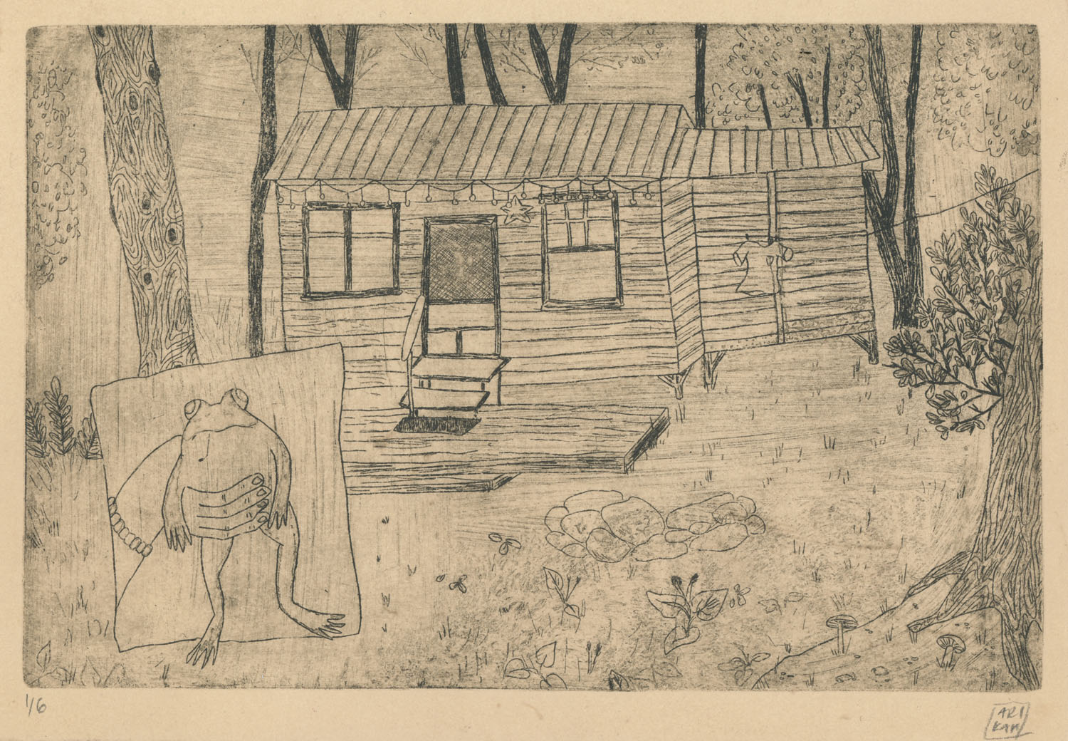 Cabin #3etching on coffee and tea stained paper, 10 x 7, 2022