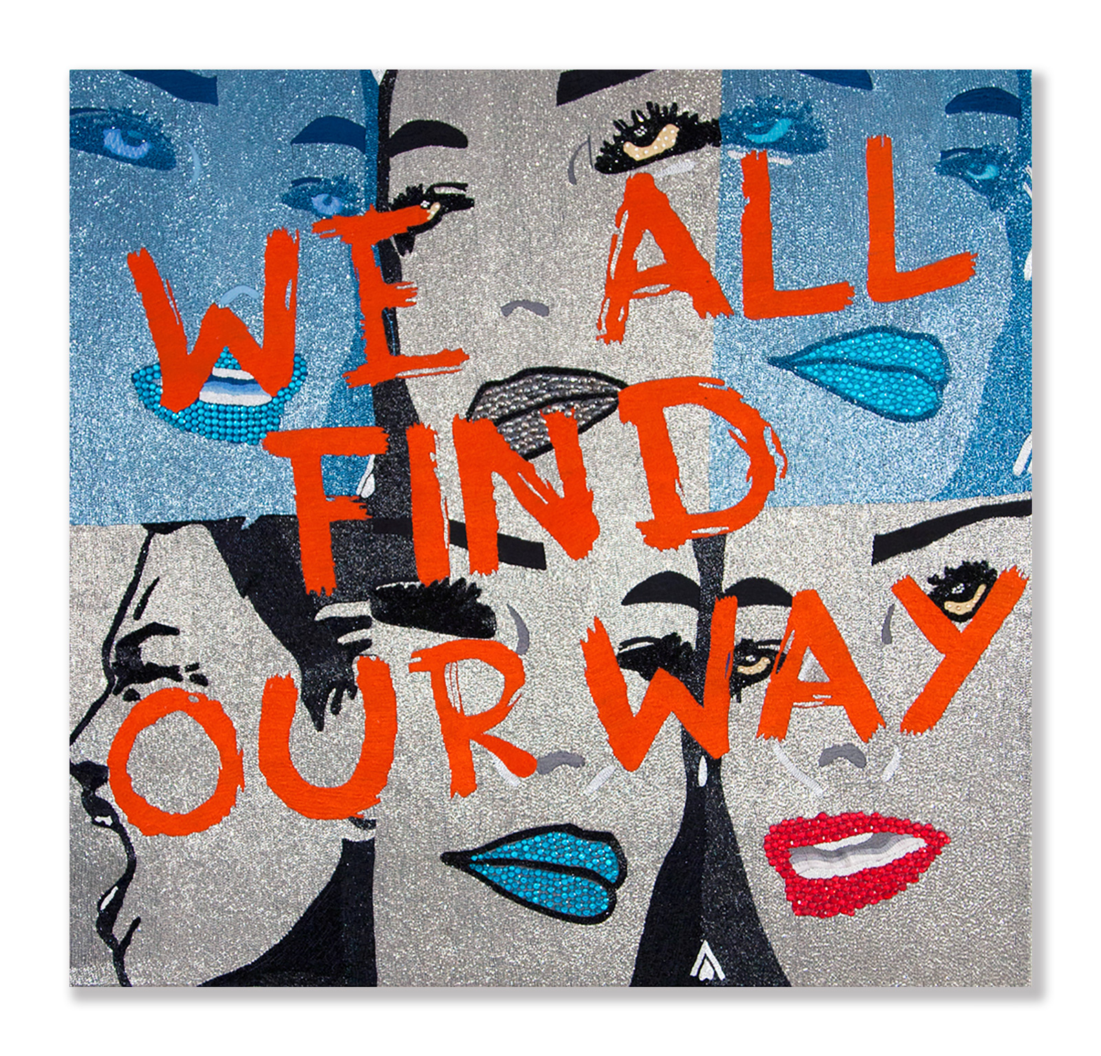  We All Find Our Way   2013  Beads, rhinestones and embroidery on canvas  51 x 54 Inches