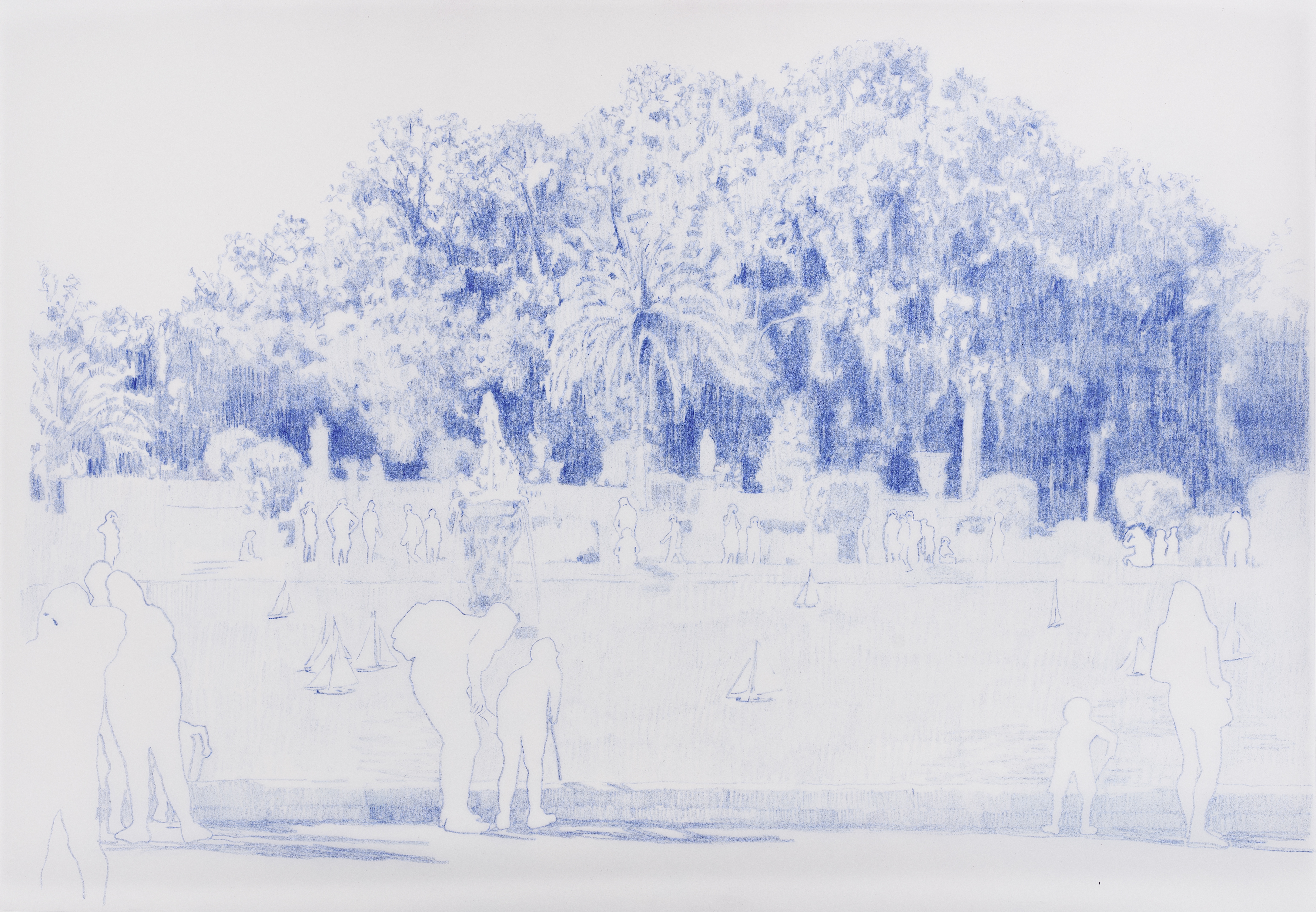 A Fountain in blue, 2020. Crayon on tracing paper, 29.7 x 42cm