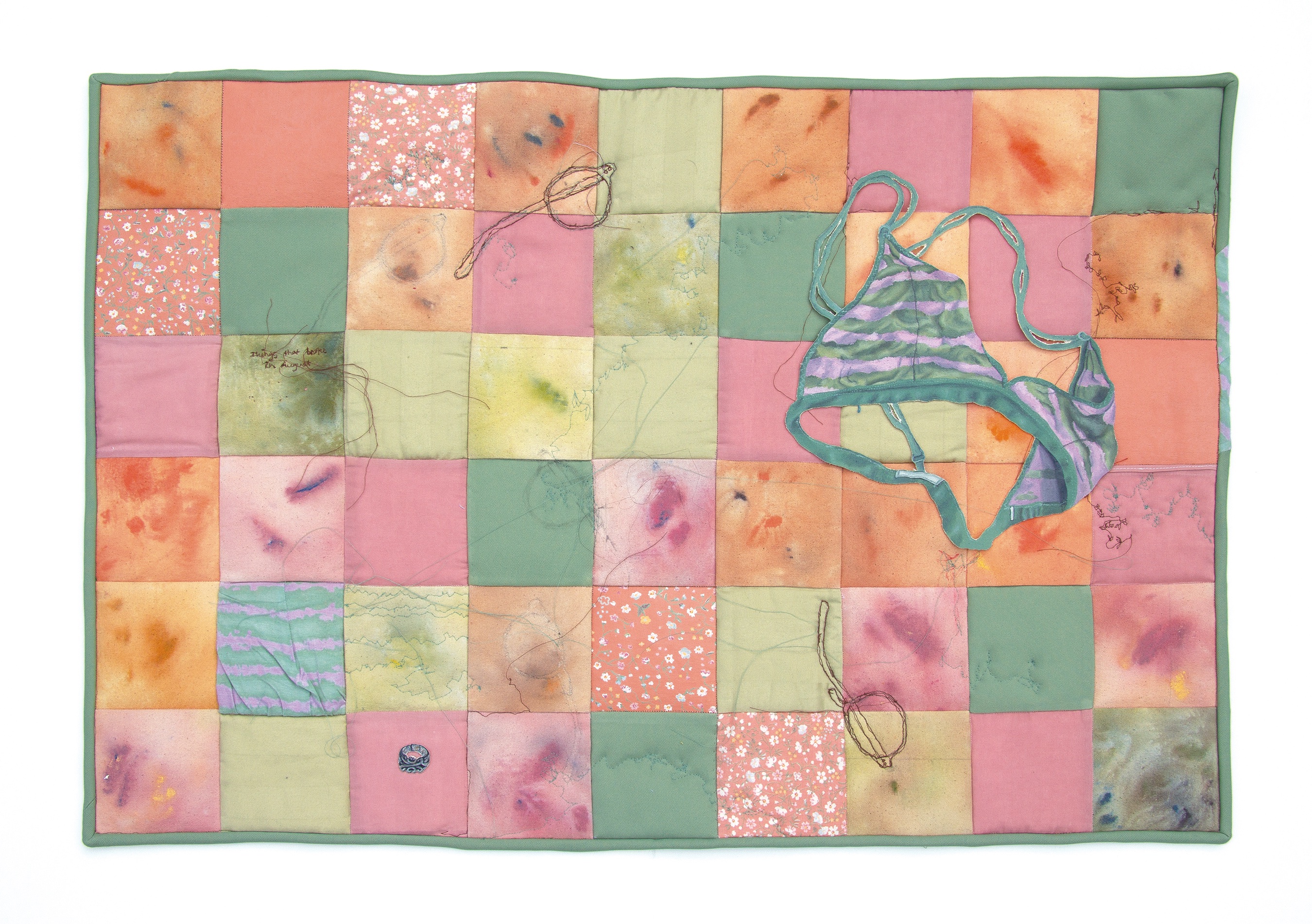 Things that Broke in August, thread, acrylic, oil, canvas, found fabric, 23 x 34.5 in., 2022