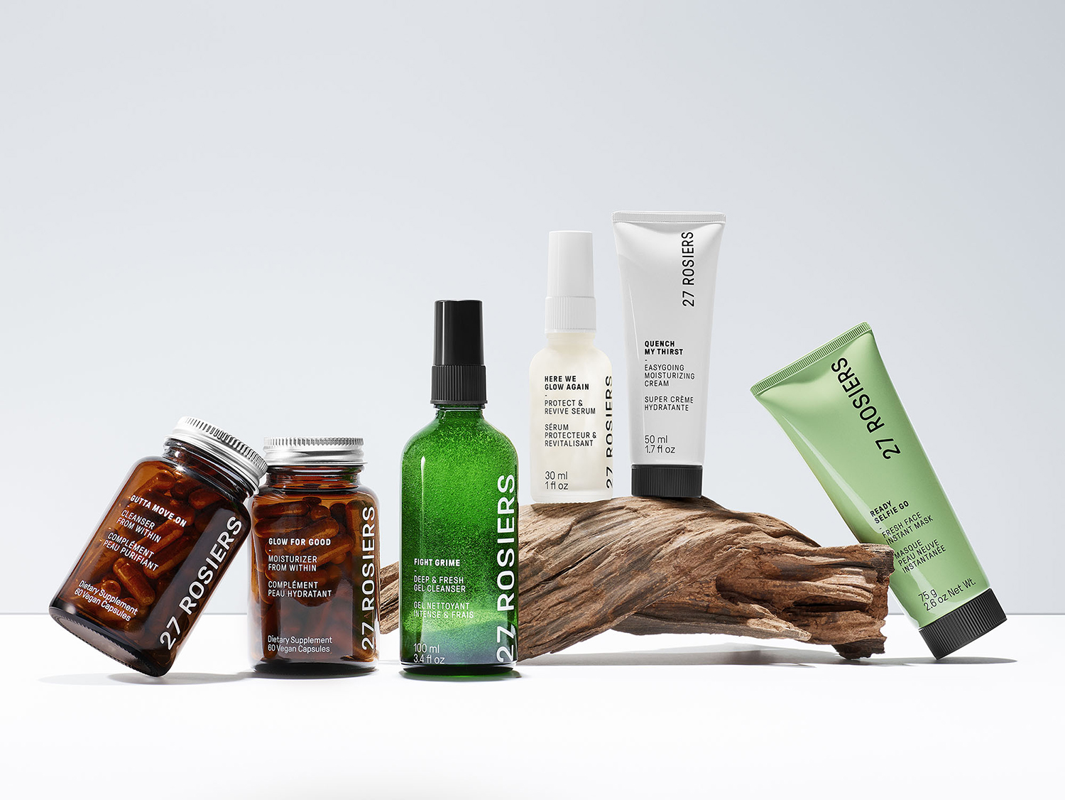 KMA photographer Vincent Gapaillard photographs 27 Rosiers skin care products against a white background with a branch 