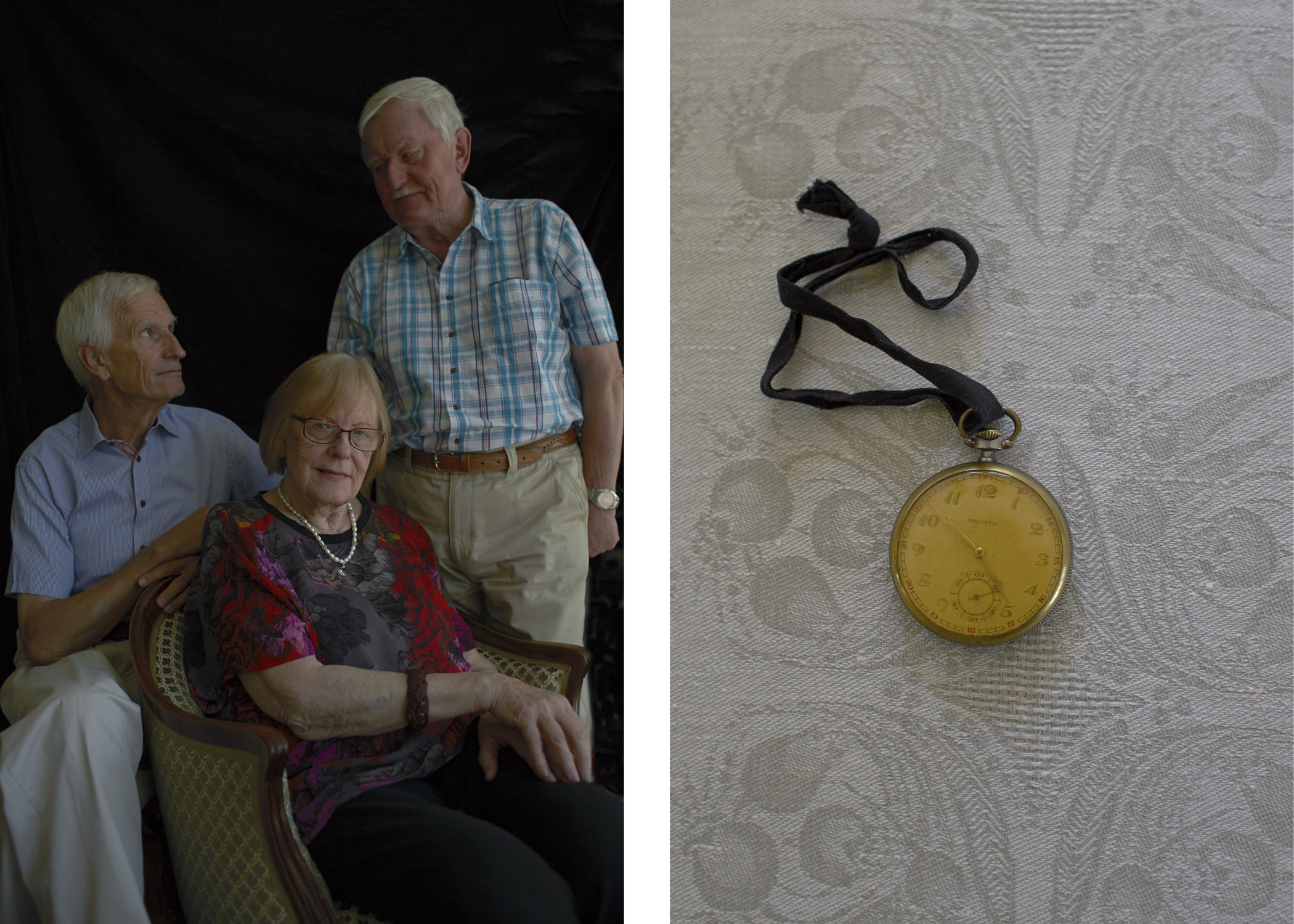 Rein Raukas, Helga Nõu and Arvo Raukas 4, 10 and 7 years old. Rein remembers being at the bottom of the boat, looking up at an open square hatch and seeing a strange pattern. He later found out it was the underside of the Pärnu bridge. Helga remembers there being water everywhere and seeing a loaf of bread floating around inside the boat. Arvo remembers being amazed at seeing lights as they approached Sweden in the night – in Estonia there were blackout regulations in place. Object: Rein, Helga and Arvo's father's pocket watch.