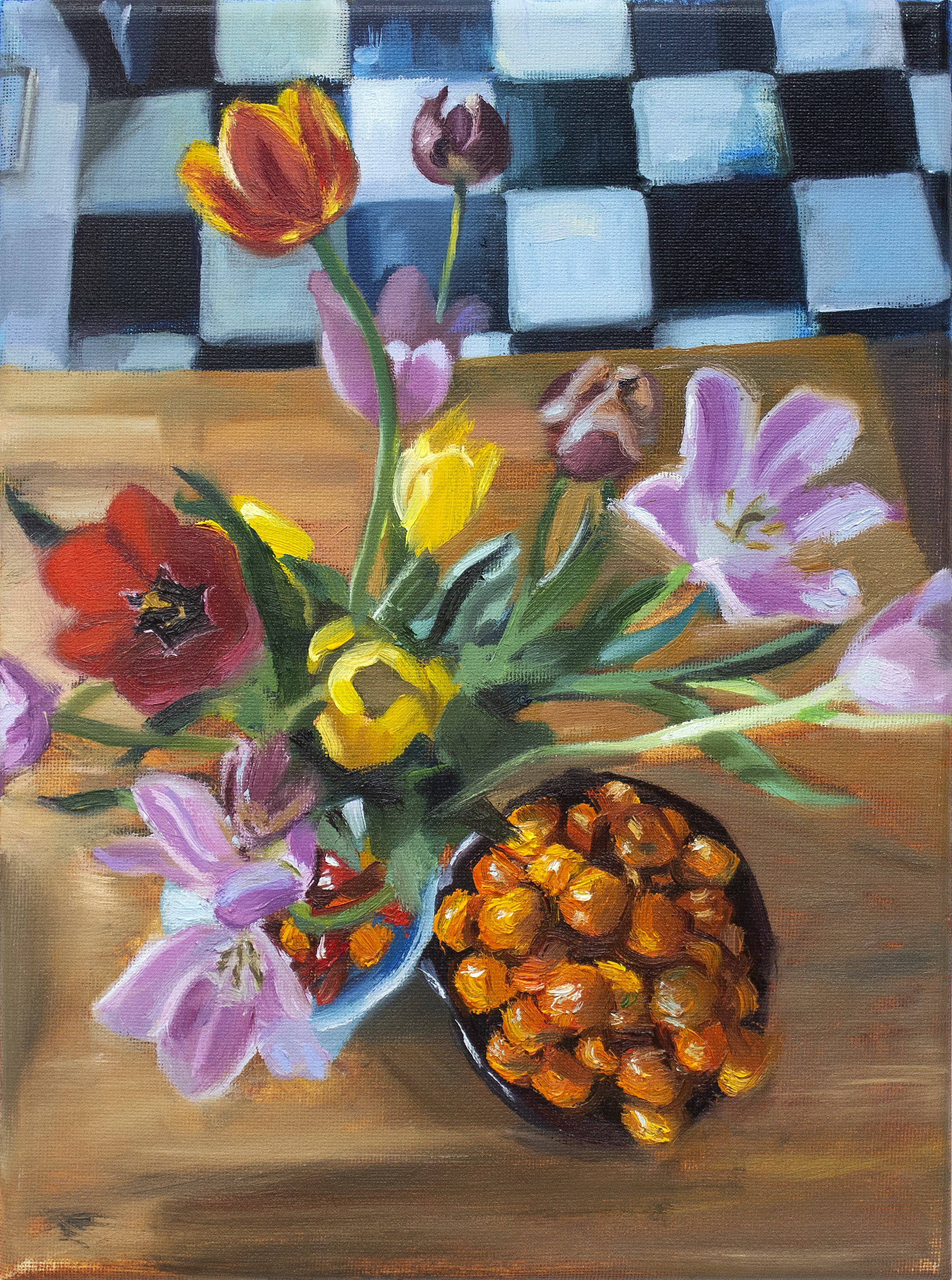 April 8, 2020 (Clementines, Flowers, Floor),  oil on canvas, 12x9", 2020