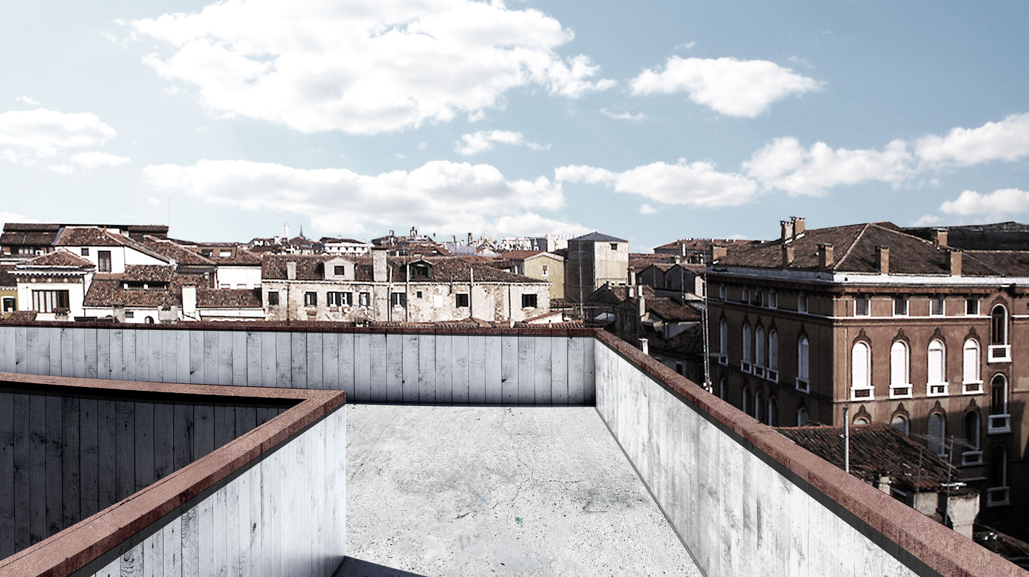 Exterior rendering gazing over city rooftops