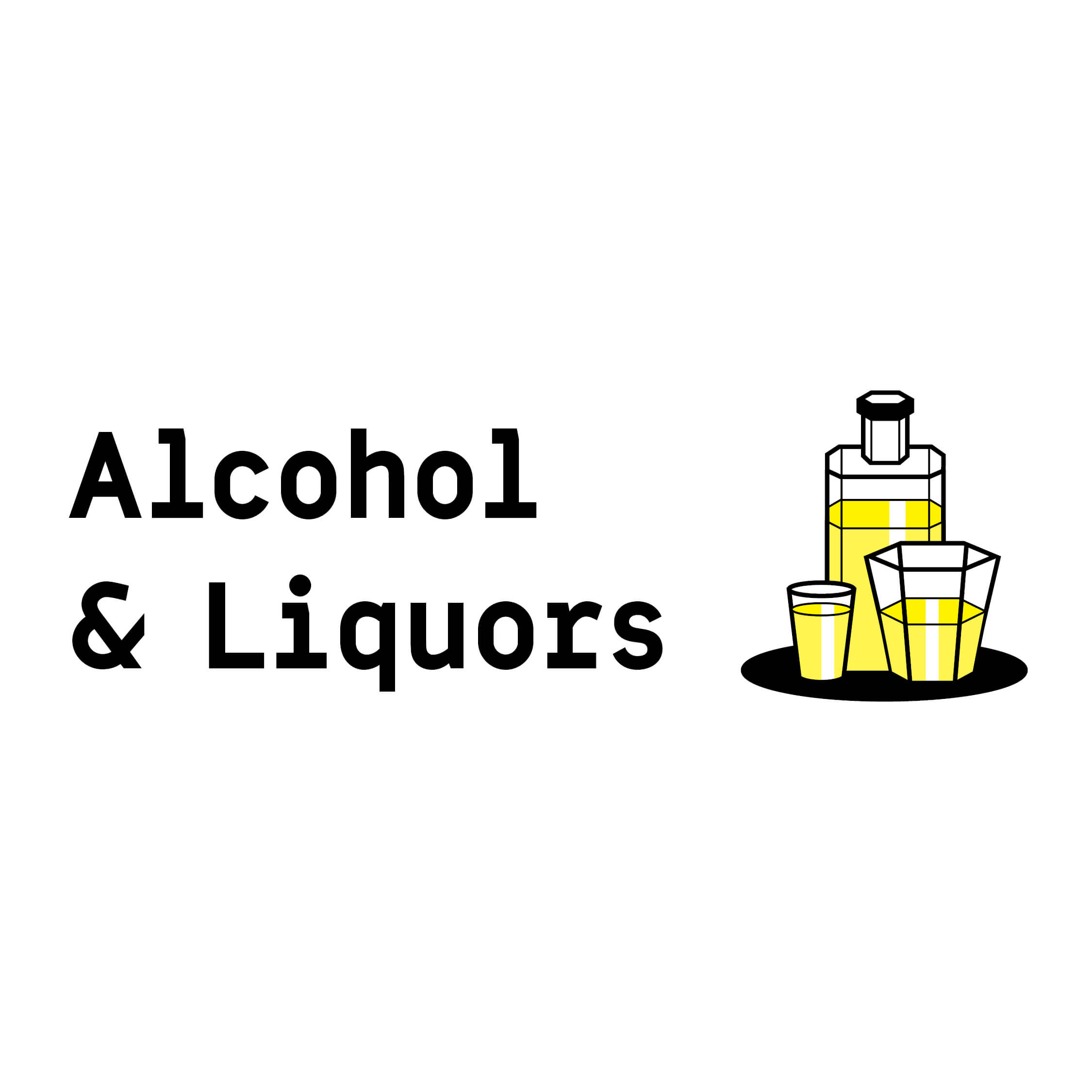 An illustrated liqueur bottle and 2 drink glasses icon English text