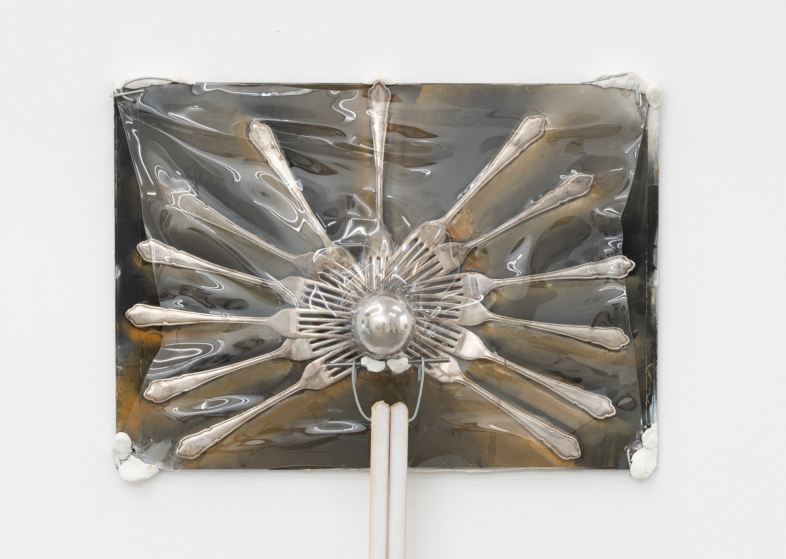 Nectar,  2023,(soft pastel and spray paint on photographic print mounted on steel, heat-formed PETG plastic, chrome-plated steel, acrylic plastic, silver forks, wooden Dowling, silver serving spoon, ribbon.)