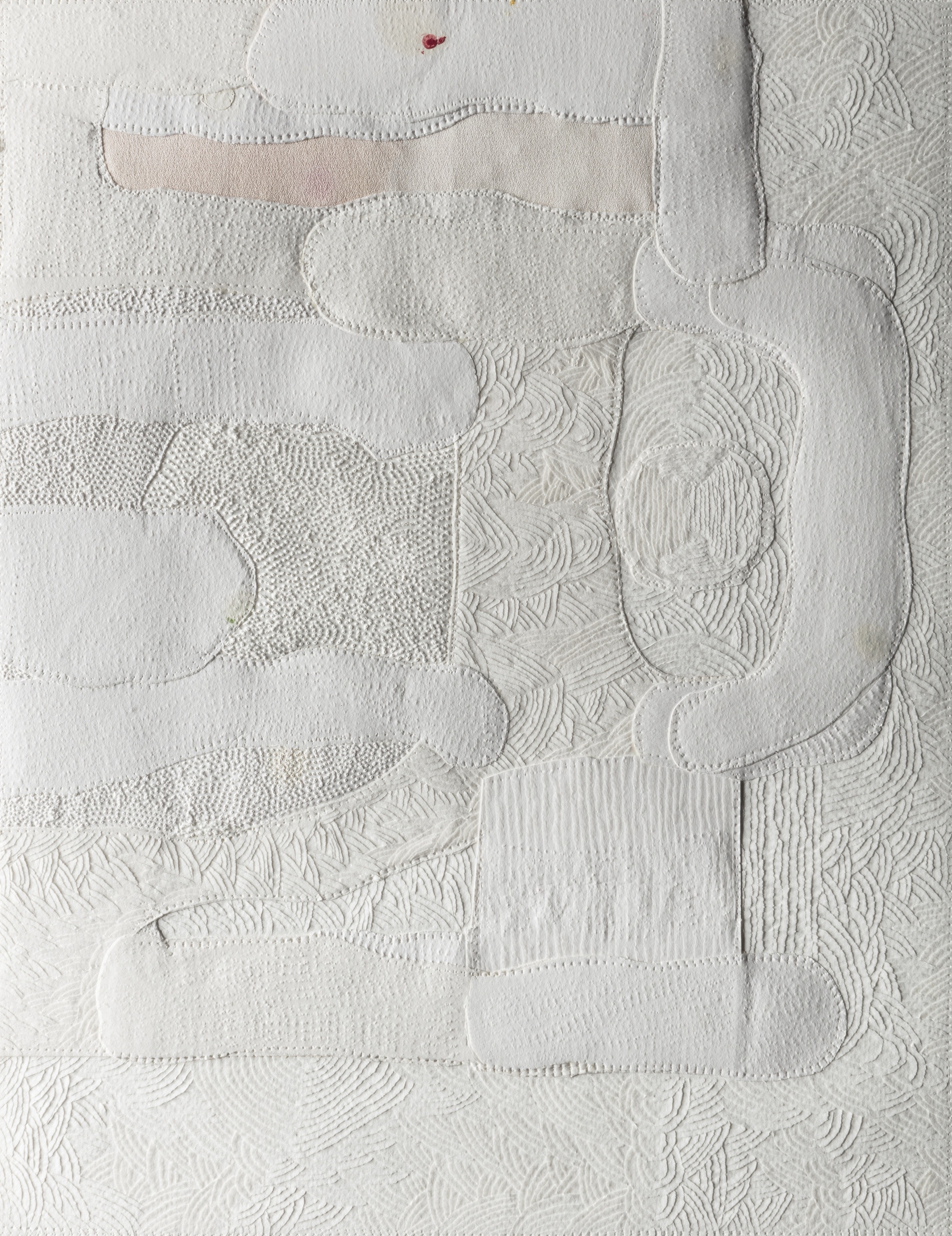  Hibridos, 2018 . Color pencil, oil, embossing, perforation and carvings on paper and fragments of cloth .  35 x 26 cm