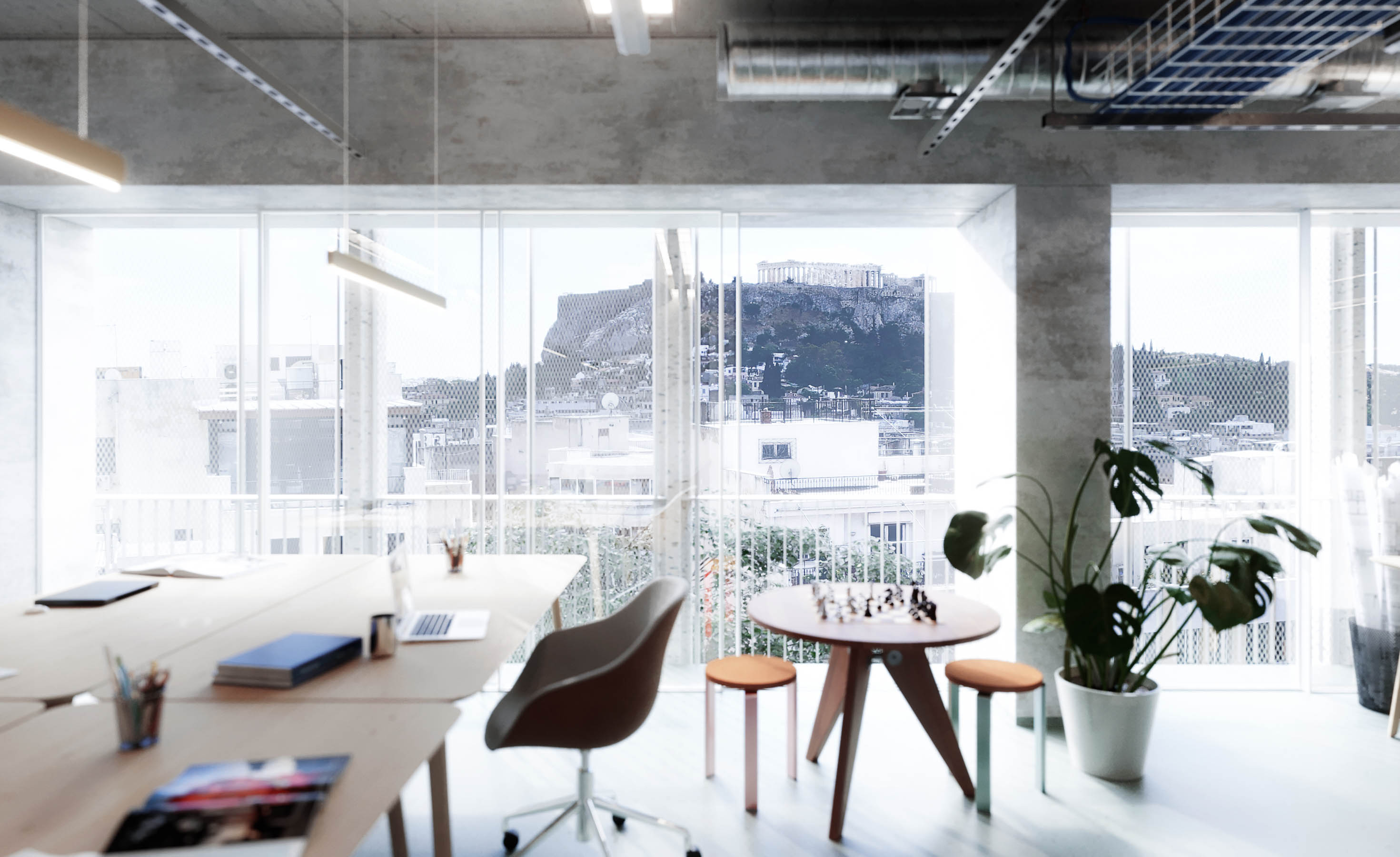 Rendering of the modern office interior with a view to the Akropolis in Athens.