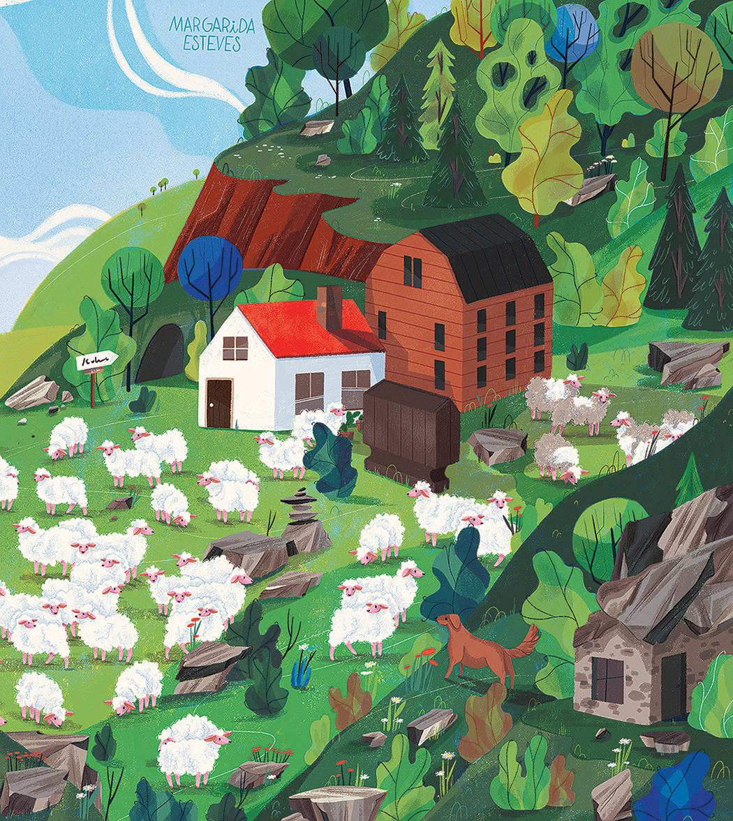 Sheep look for food in a small village in the mountais. Two man play cards and a little boy admires the city in the background.