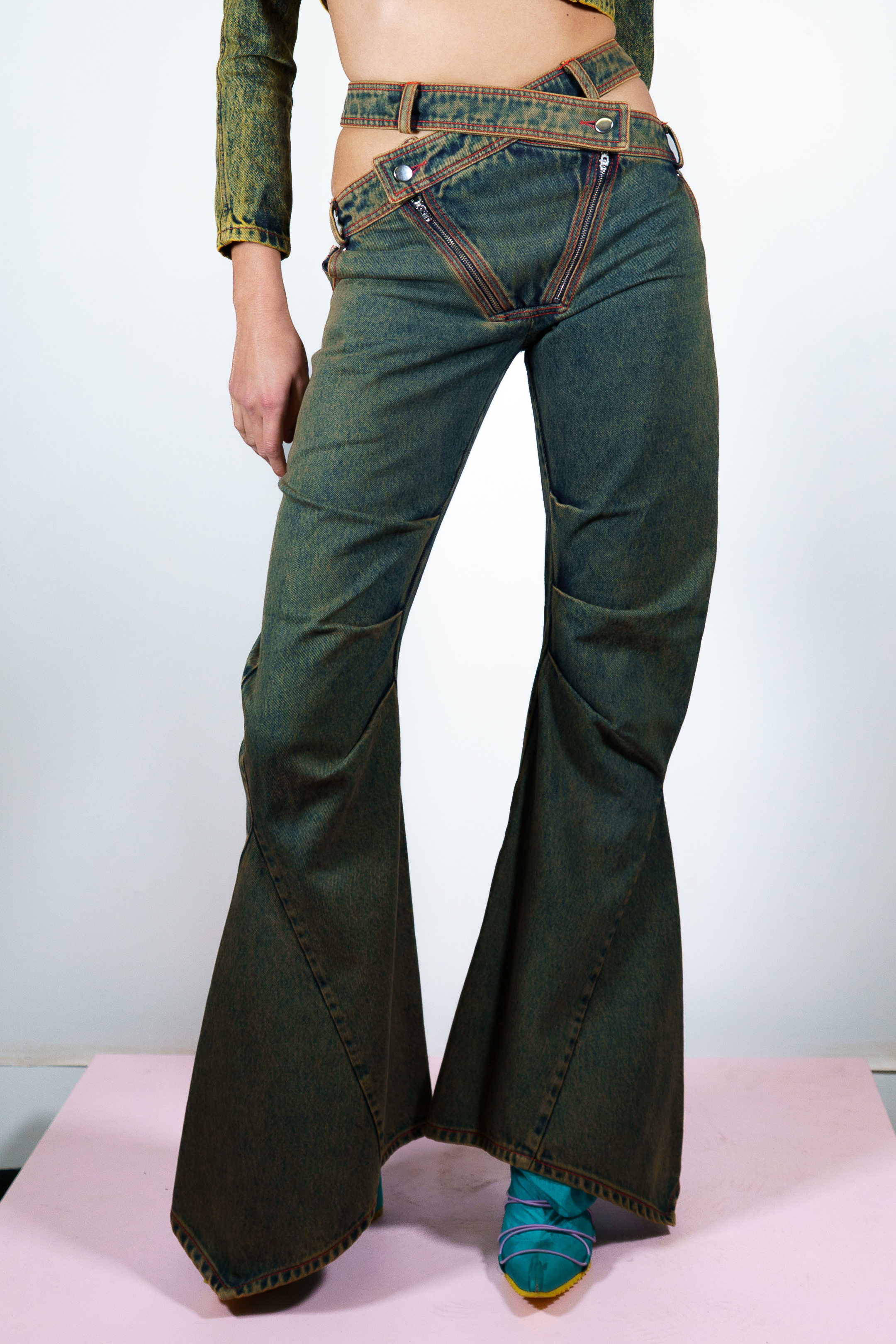 Rusty Green Wash Double Zip Jeans £300