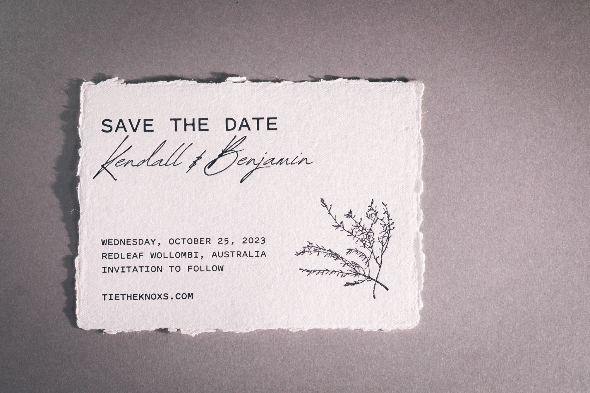 Kendall & Benjamin save the date. Letterpress in black on handmade deckled paper.